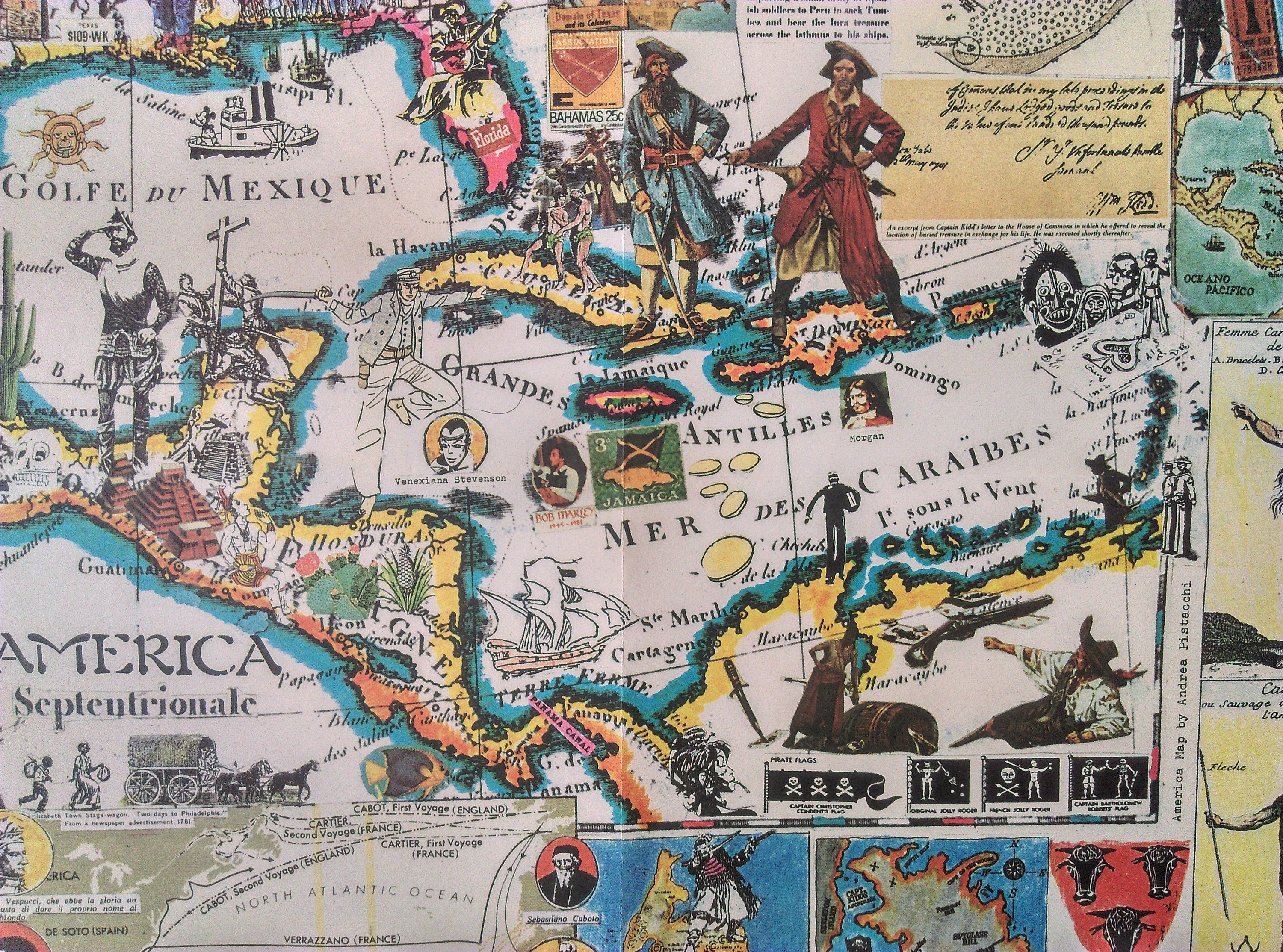 1986 Pictorial Map of North America by Hugo Pratt. Canada, Central America, Mexico, The Caribbean, Poster Map