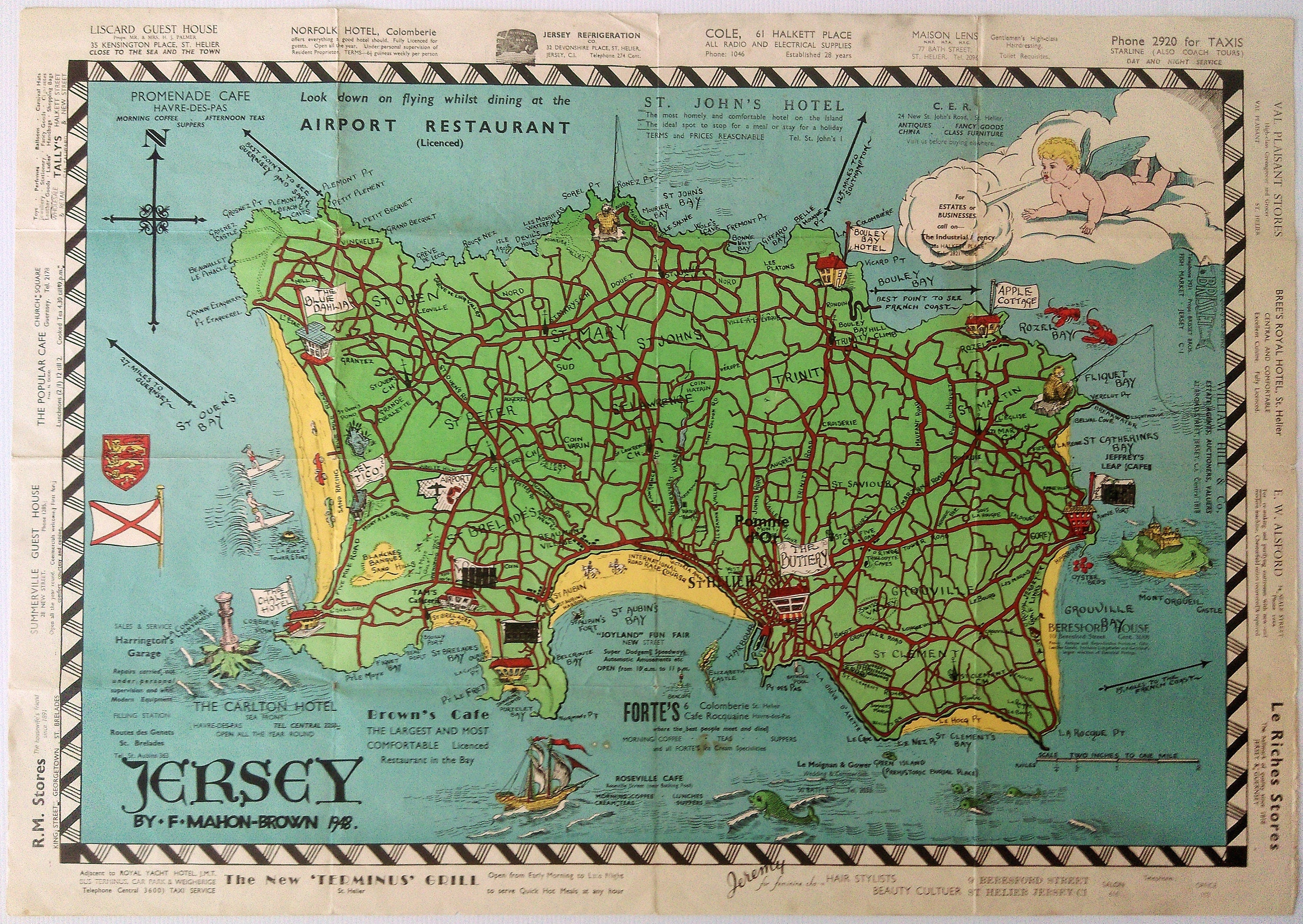 1948 Jersey Pictorial Map by F Mahon Brown, Channel Islands. Map Poster