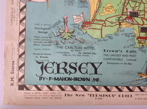 1948 Jersey Pictorial Map by F Mahon Brown, Channel Islands. Map Poster