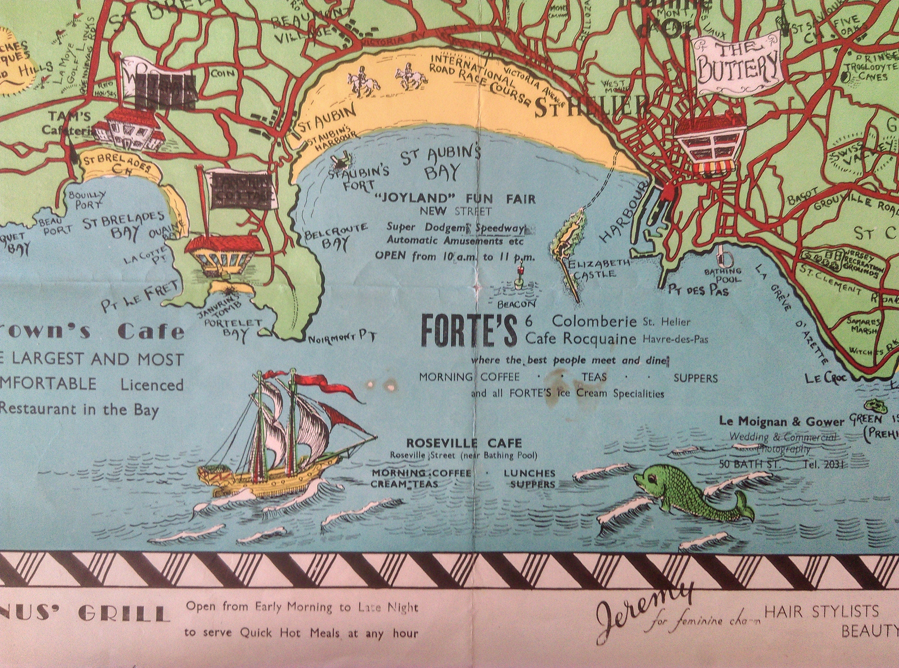 1948 Jersey Pictorial Map by F Mahon Brown, Channel Islands. Map Poster
