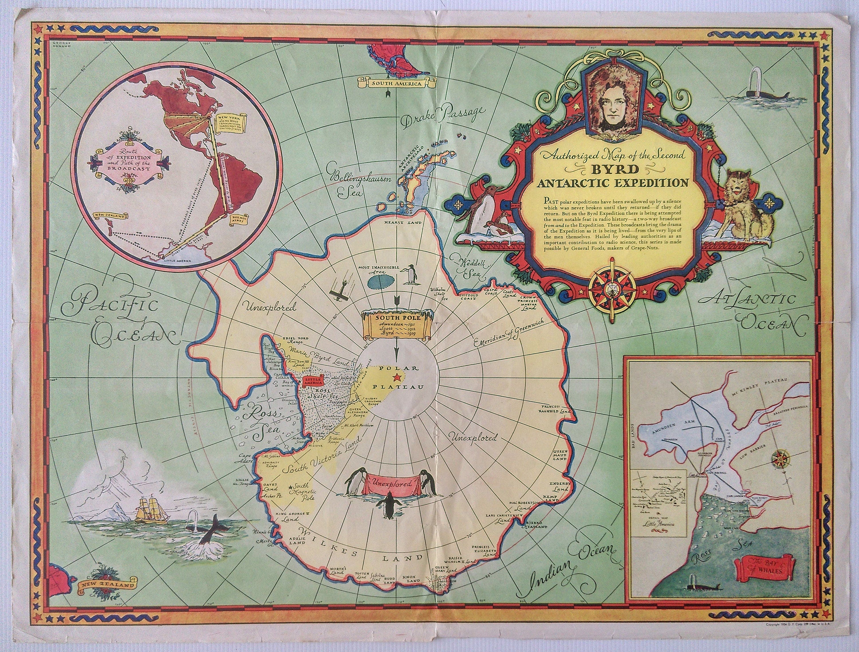 1934 George Annand Pictorial Map - Authorized Map of the Second Byrd Antarctic Expedition, South Pole, Map Poster.