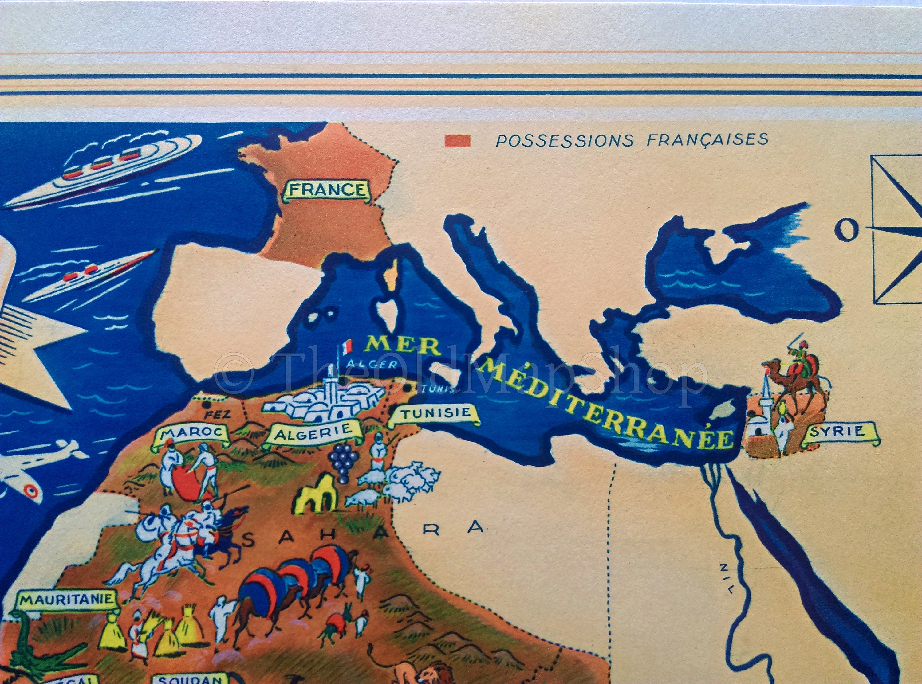 1939 West Africa, Afrique Occidentale, Pictorial Map, Published in Paris by Neutroses-Vichy at Petit Jean. Morocco Tunisia Algeria Guinea