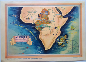 1939 Central Africa, Madagascar, Pictorial Map, Published in Paris by Neutroses-Vichy at Petit Jean. Congo, Gabon, Cameroon