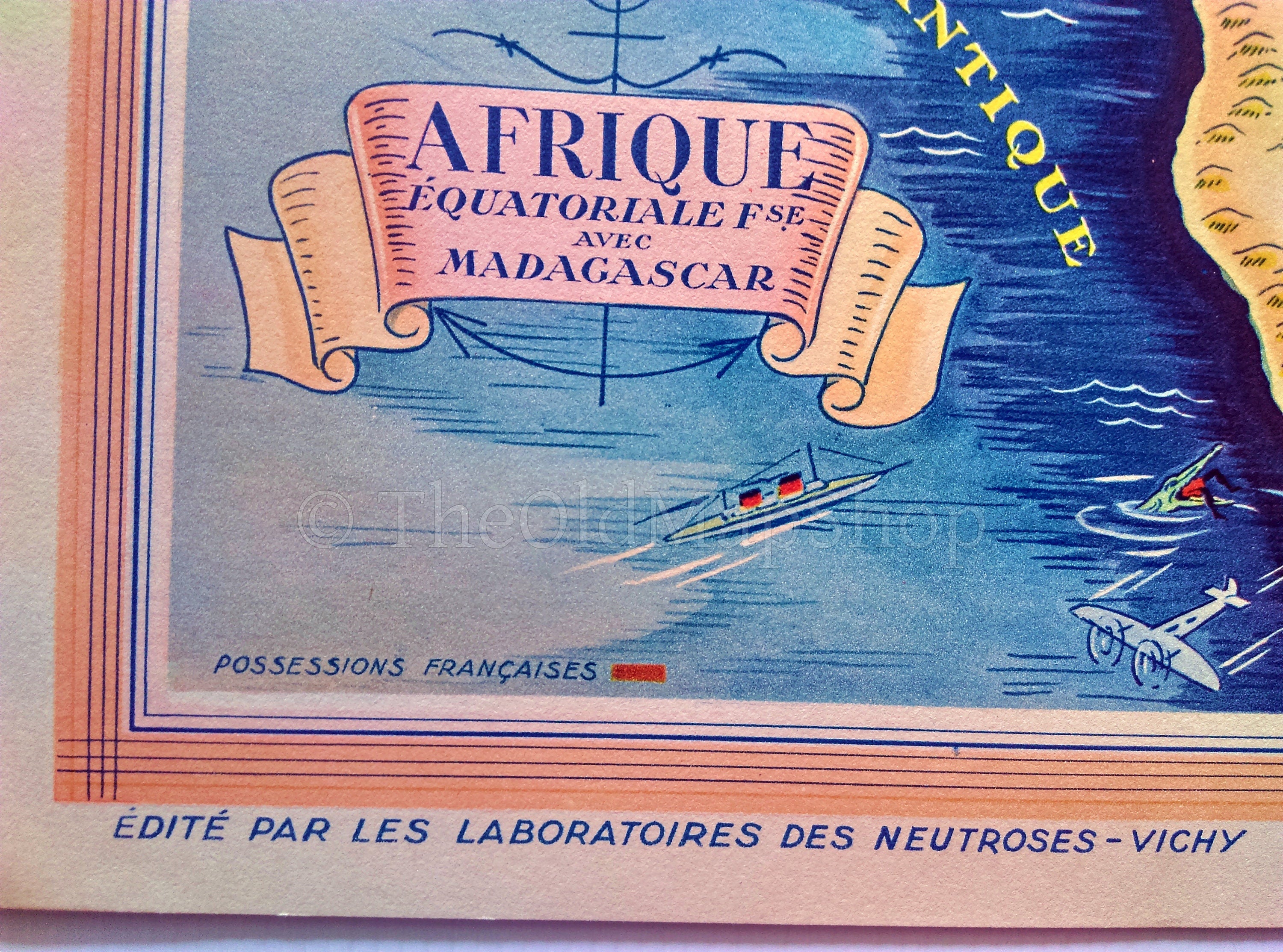 1939 Central Africa, Madagascar, Pictorial Map, Published in Paris by Neutroses-Vichy at Petit Jean. Congo, Gabon, Cameroon