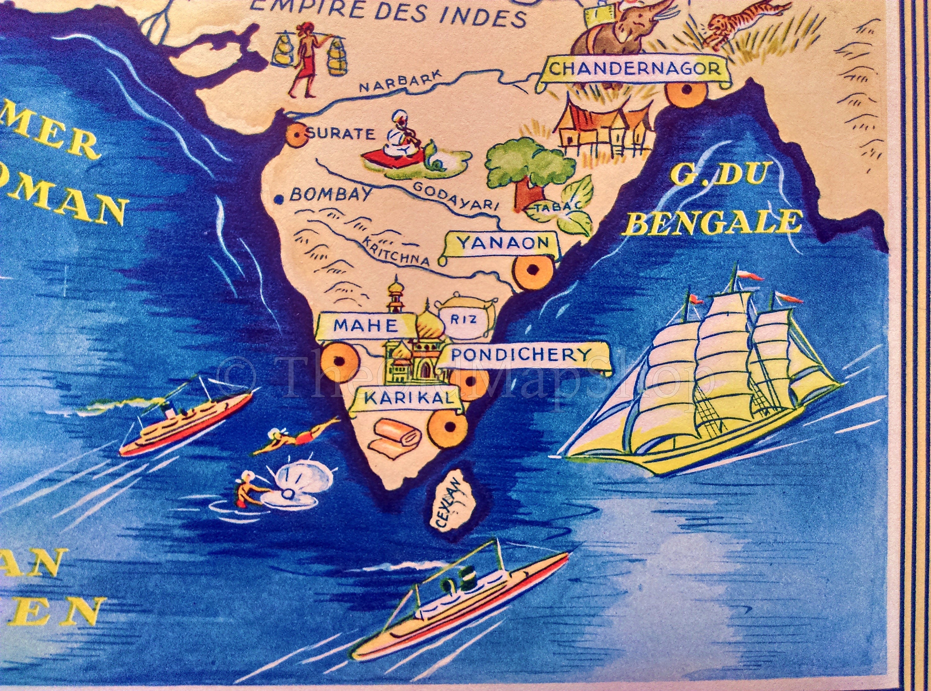 1939 India, Syria Pictorial Map, Published in Paris by Neutroses-Vichy at Petit Jean. Showing Pondichery, Chandernagor, Yanaon, Mahe Karikal