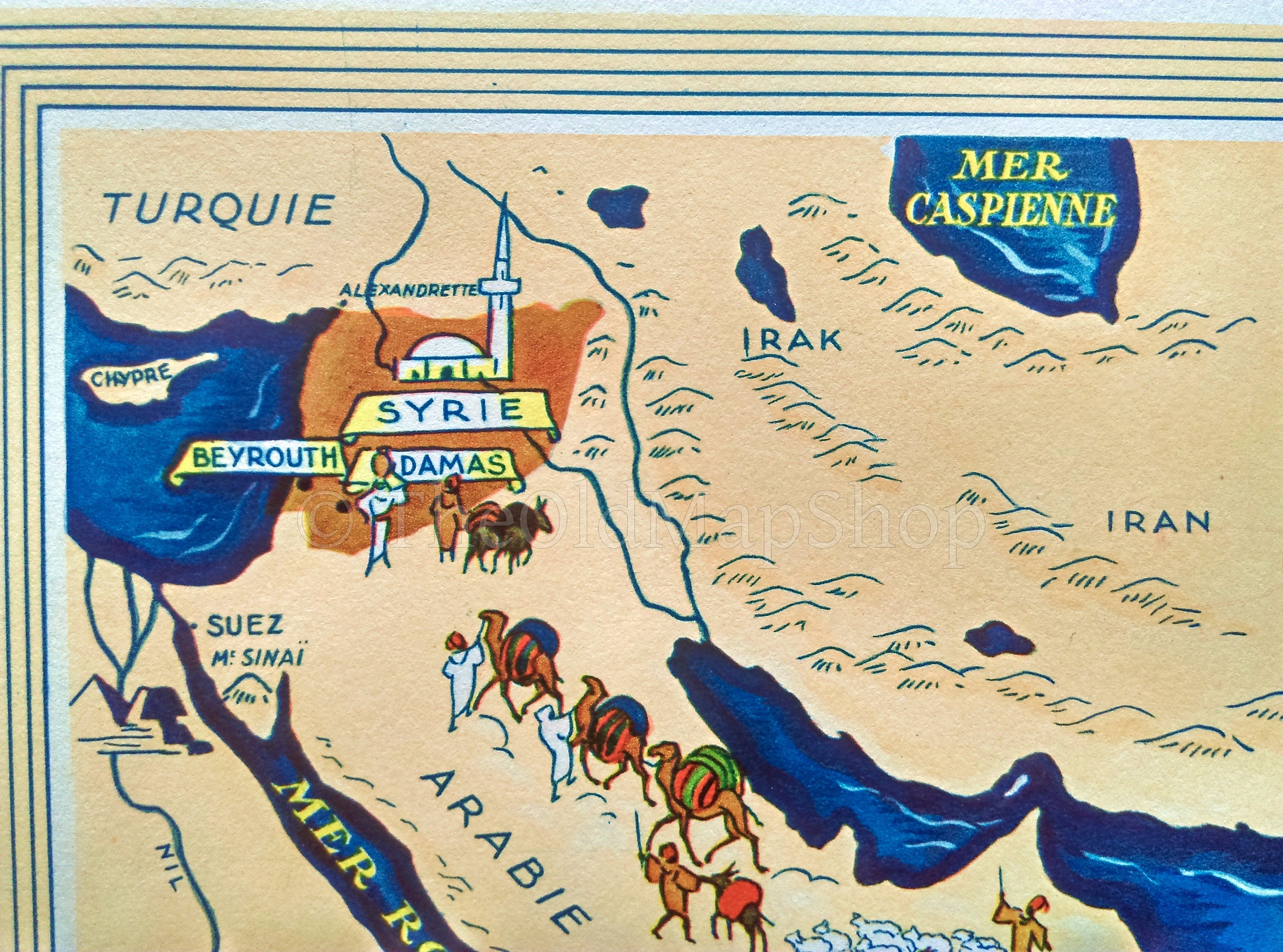 1939 India, Syria Pictorial Map, Published in Paris by Neutroses-Vichy at Petit Jean. Showing Pondichery, Chandernagor, Yanaon, Mahe Karikal