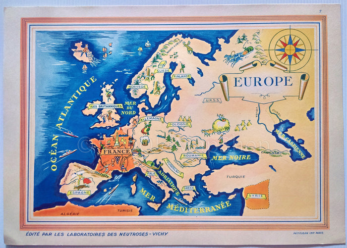 1939 Europe, French Possessions, France, Syria, Algeria, Tunisia, Pictorial Map, Published in Paris by Neutroses-Vichy at Petit Jean.