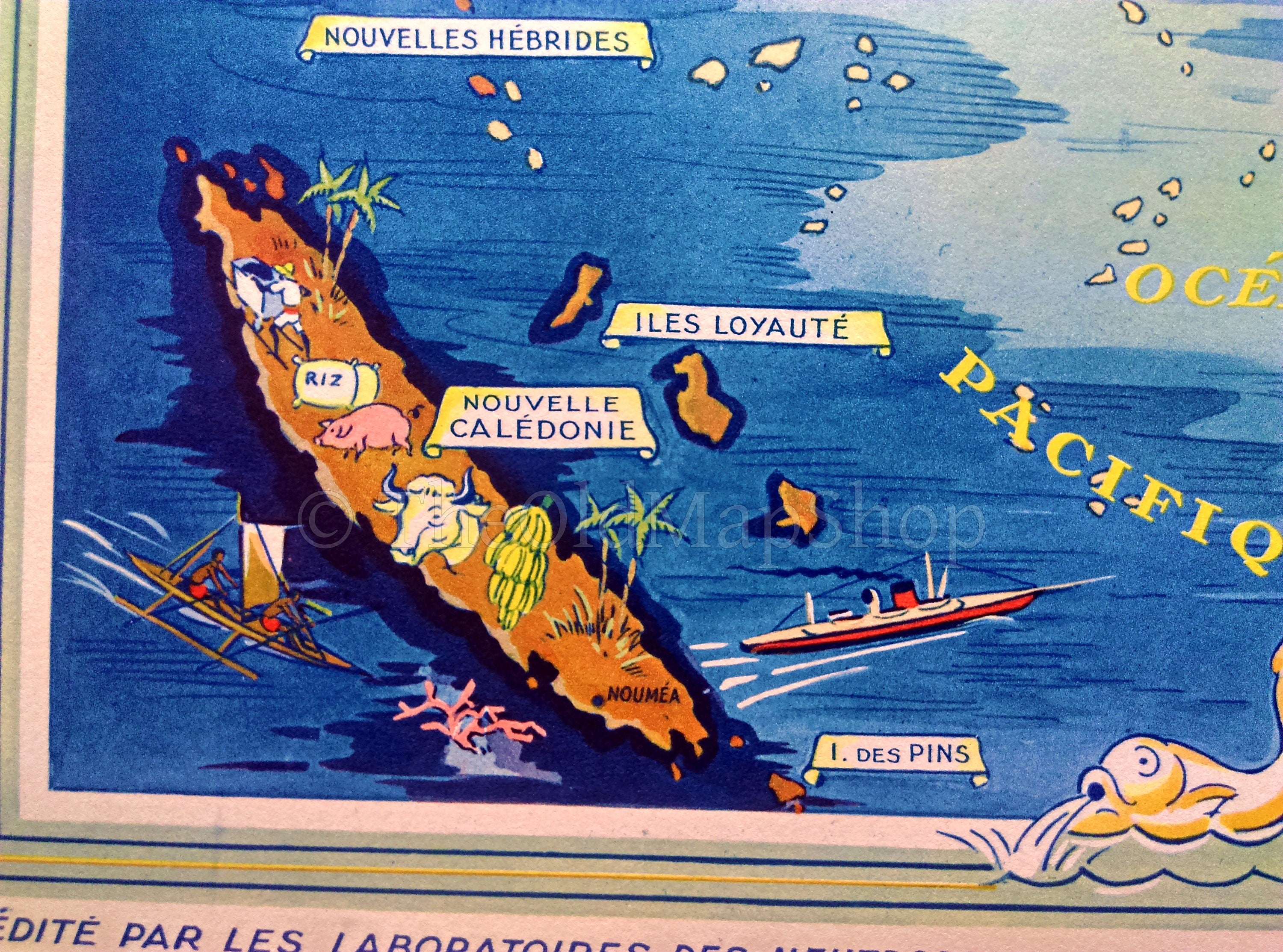 1939 Oceania, French Polynesia, New Caledonia, Vanuatu, Pictorial Map, Published in Paris by Neutroses-Vichy at Petit Jean.