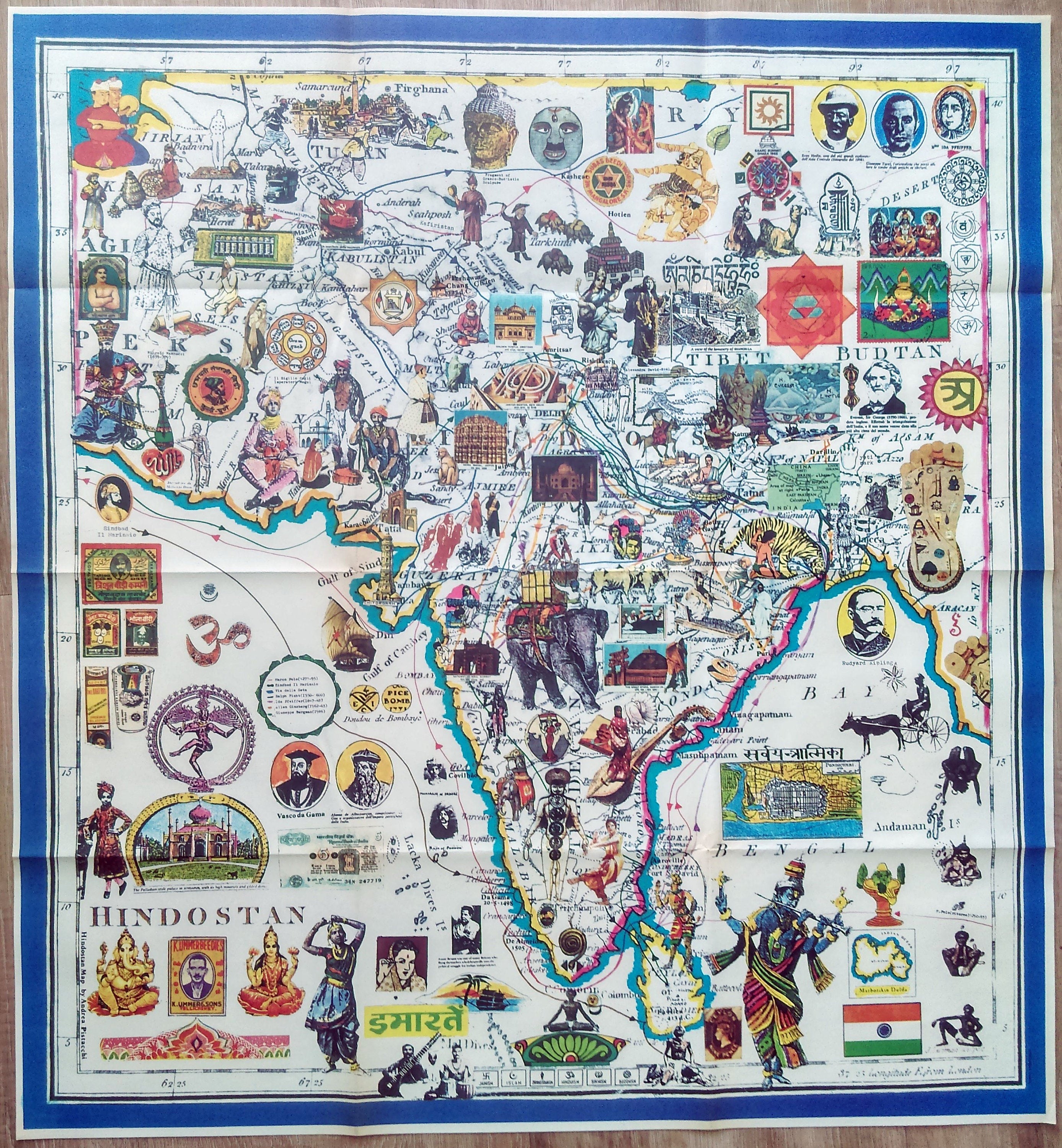 1986 Pictorial Map of India, Sri Lanka, Nepal, Pakistan, Tibet, Bhutan, Afghanistan, Bangladesh by Hugo Pratt. Poster Map
