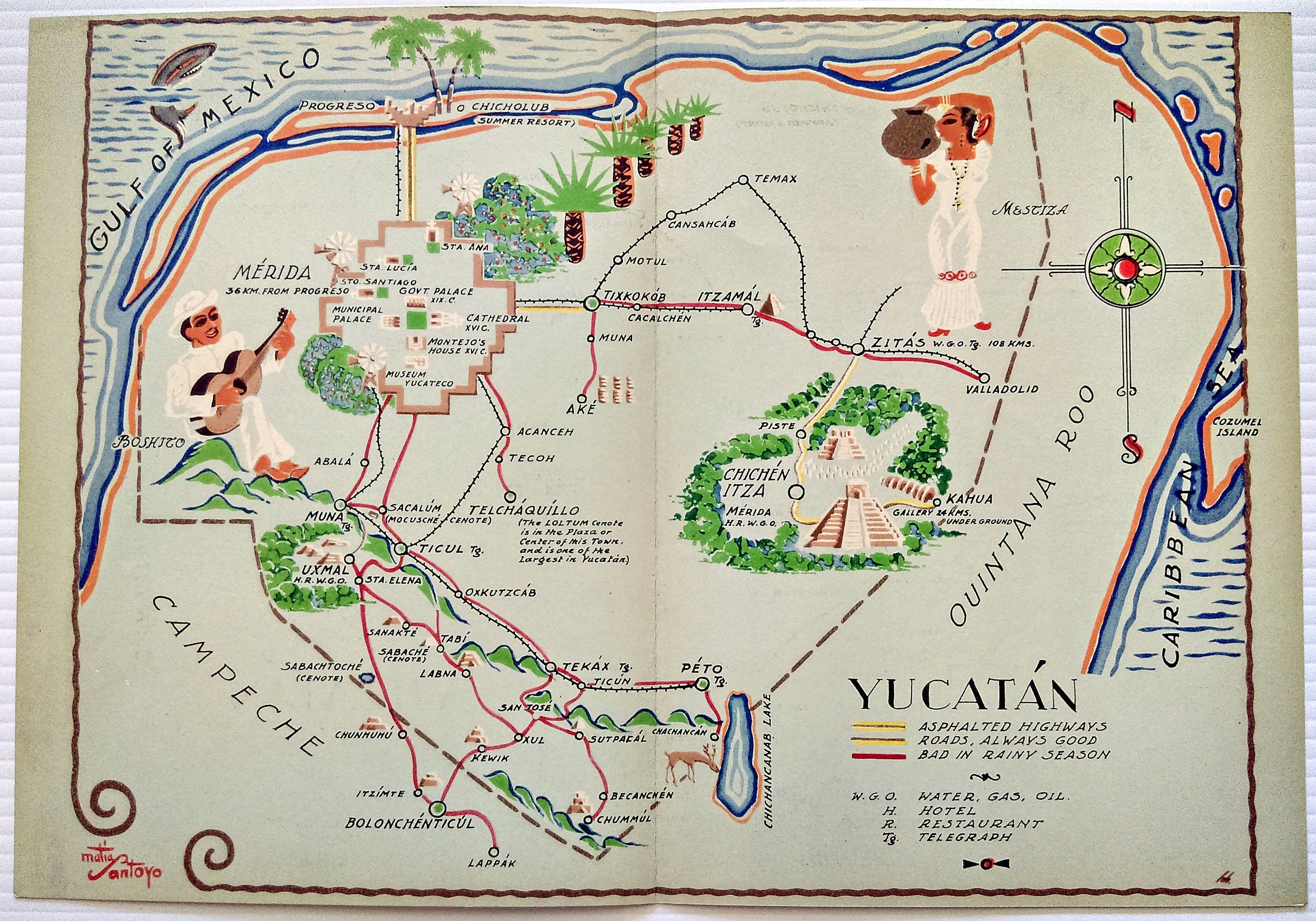 1935 Matias Santoyo, Yucatan, Chichen Itza, Merida, Cancun, Mexico, Pictorial Map