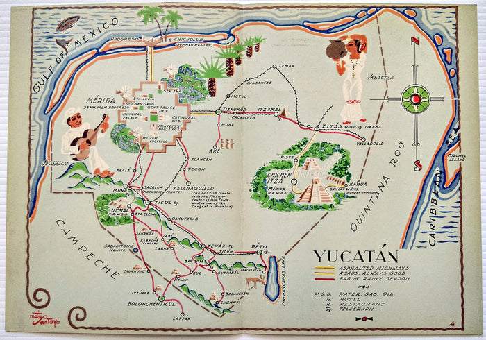1935 Matias Santoyo, Yucatan, Chichen Itza, Merida, Cancun, Mexico, Pictorial Map