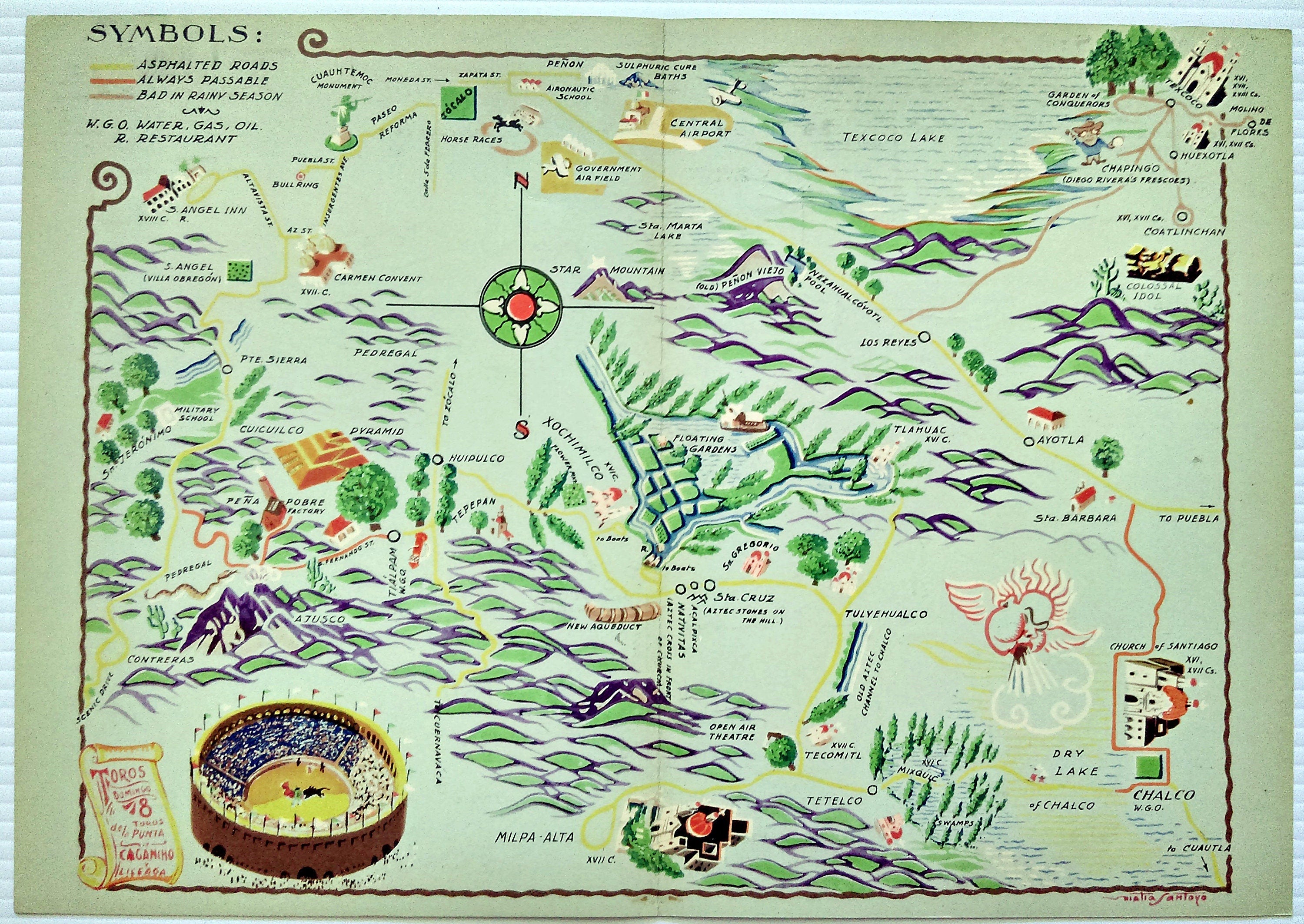 1935 Matias Santoyo, Chalco, Texcoco, Xochimilco, Pyramin of Cuicuilco, San Jeronimo, Mexico City, Pictorial Map