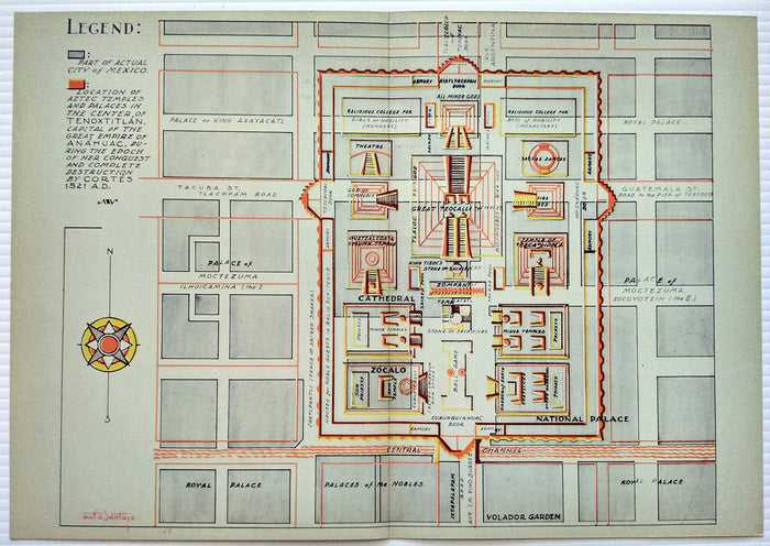 1935 Matias Santoyo, Tenochtitlan, Mexico City, Temples, Palaces, Temple, Palace, Mexico, Pictorial Map