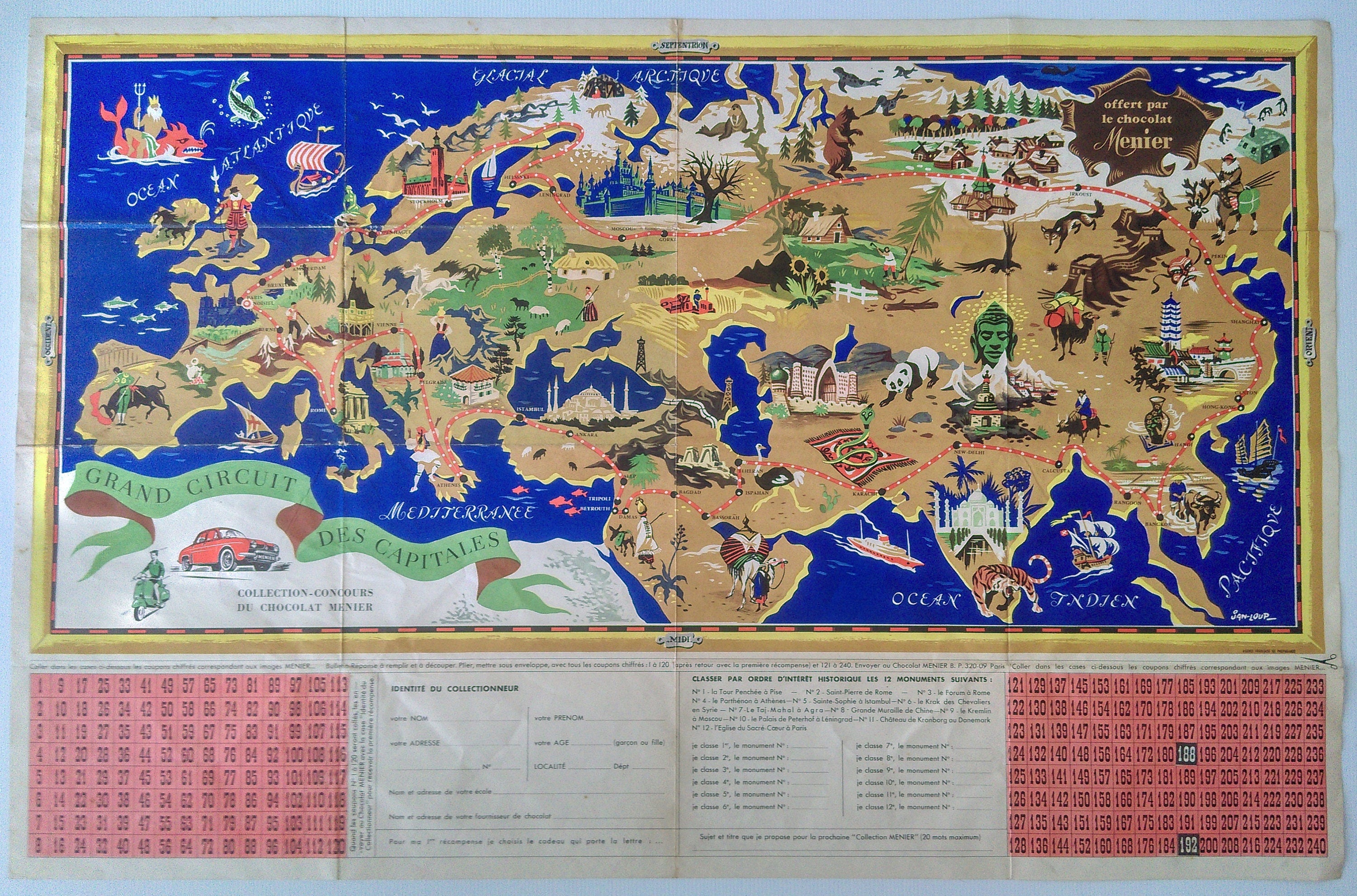 c.1956 Pictorial Map of Europe, Asia by J B Jannot (Jan-Loup) - Grand Circuit Des Capitales, Collection-Concours de Chocolat Menier