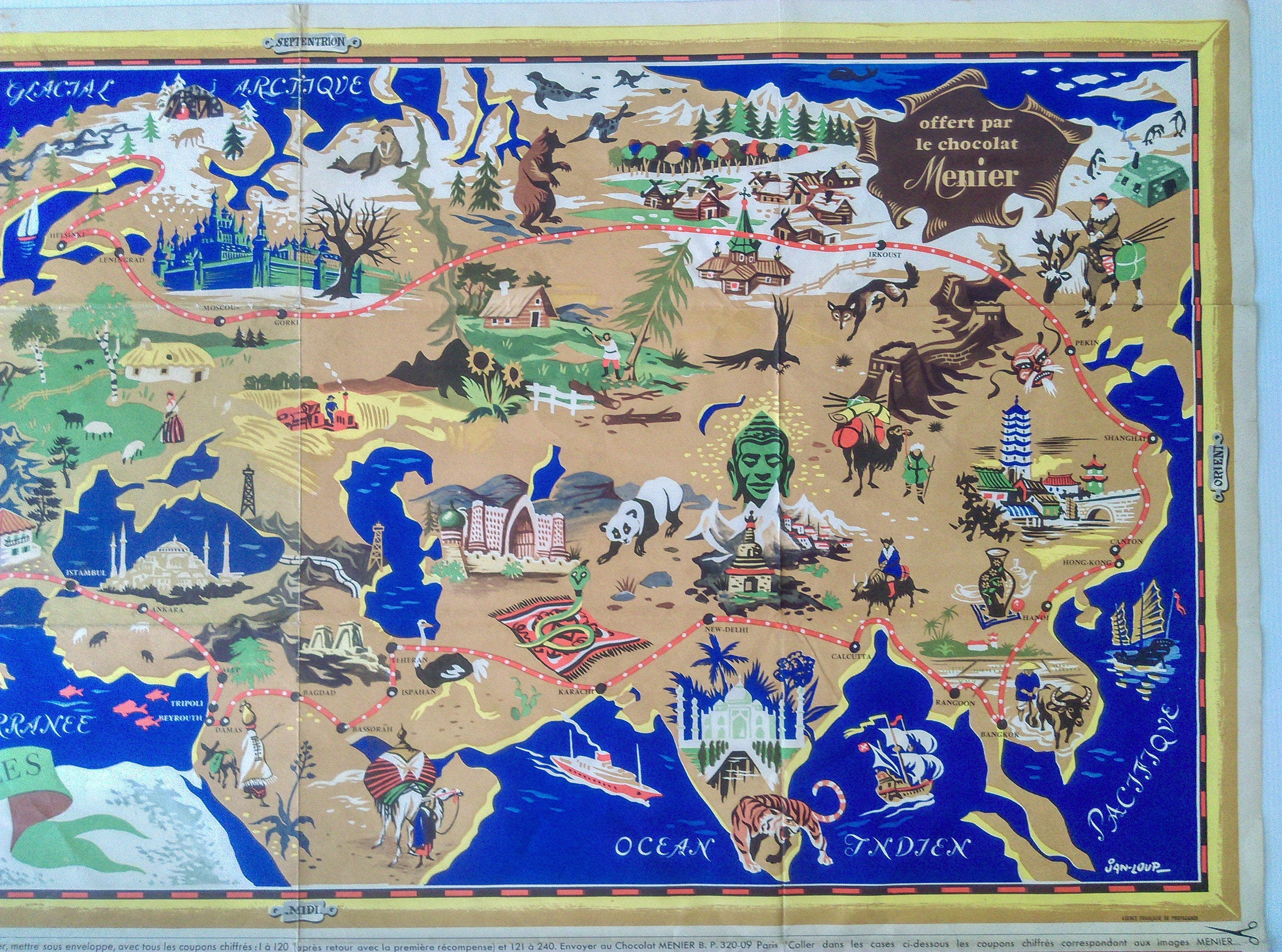 c.1956 Pictorial Map of Europe, Asia by J B Jannot (Jan-Loup) - Grand Circuit Des Capitales, Collection-Concours de Chocolat Menier