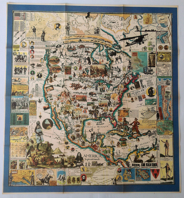 1986 Pictorial Map of North America by Hugo Pratt. Canada, Central America, Mexico, The Caribbean, Poster Map
