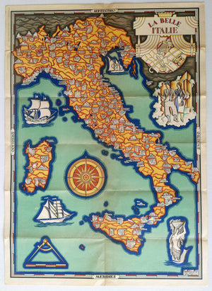1933 Italy Pictorial Map, Umberto Zimelli, Beautiful Italy, La Belle Italie, This is the French Version of this map. Italy Poster.