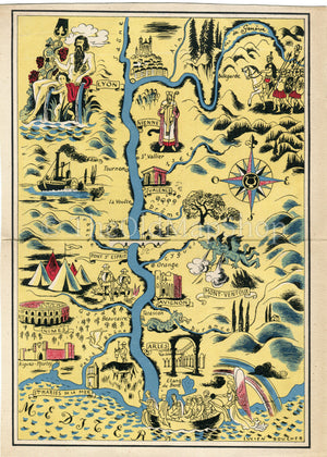 1938 Lucien Boucher, St. Maries de la Mer. Pictorial Map. Lyon Nimes Avignon Arles Mont-Ventoux Pont-Staint-Esprit Vienne Lyon Orange France