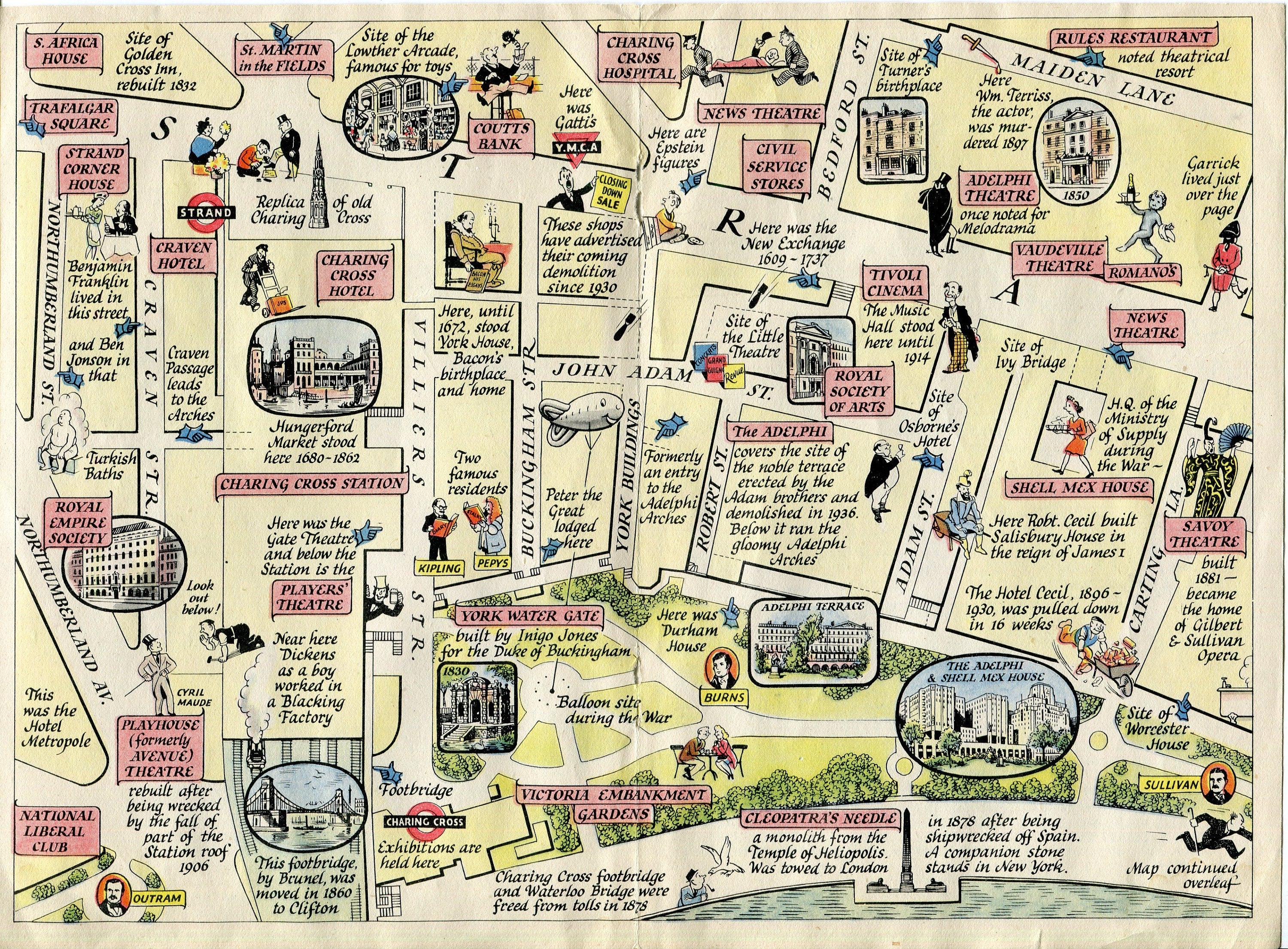 1947 A Map of the Strand, Trafalgar Square to Aldwych, London. A Pictorial Map by J. P. Sayer