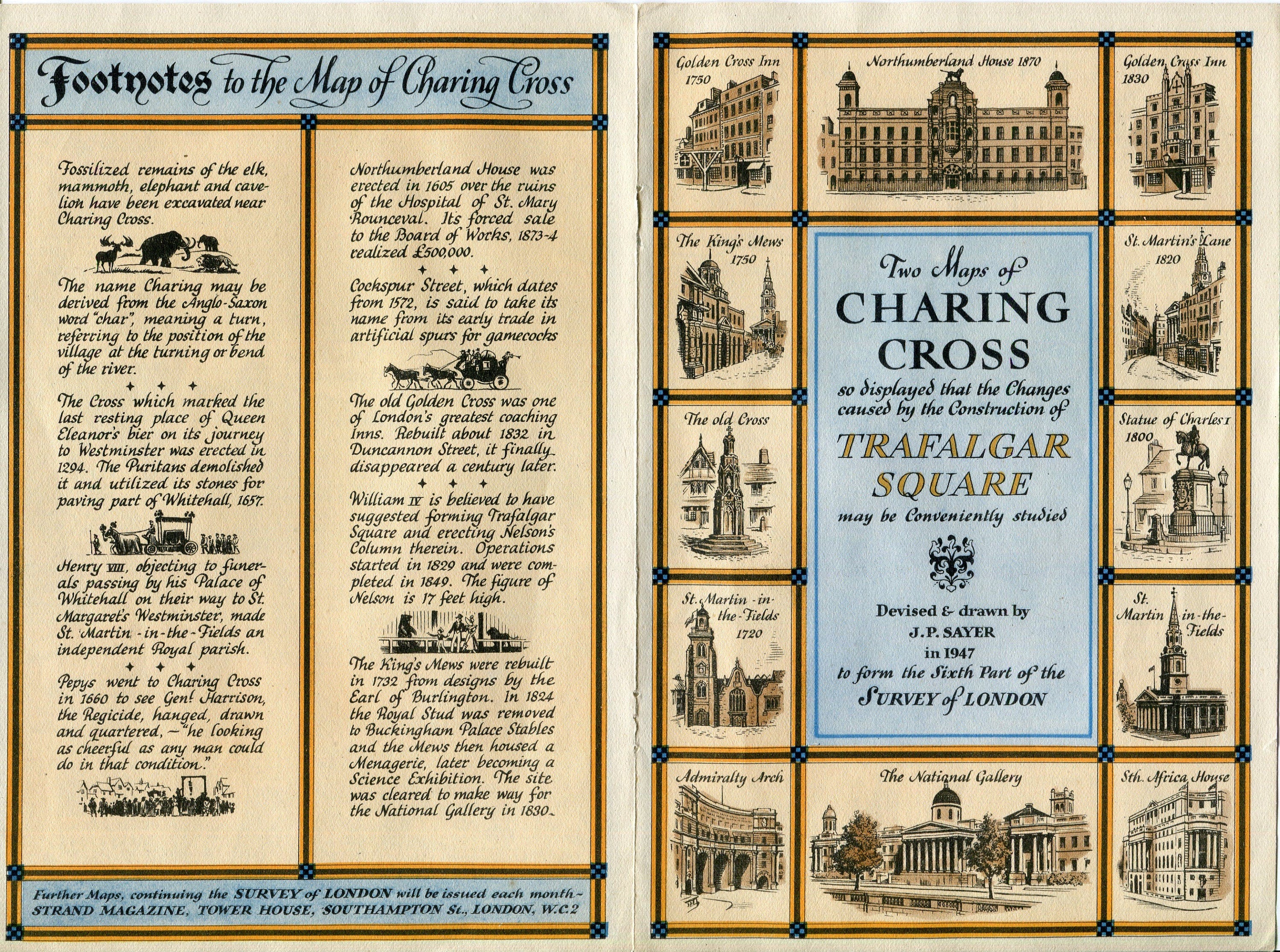1947 A Map of Charing Cross & Trafalgar Square, London. A Pictorial Map by J. P. Sayer
