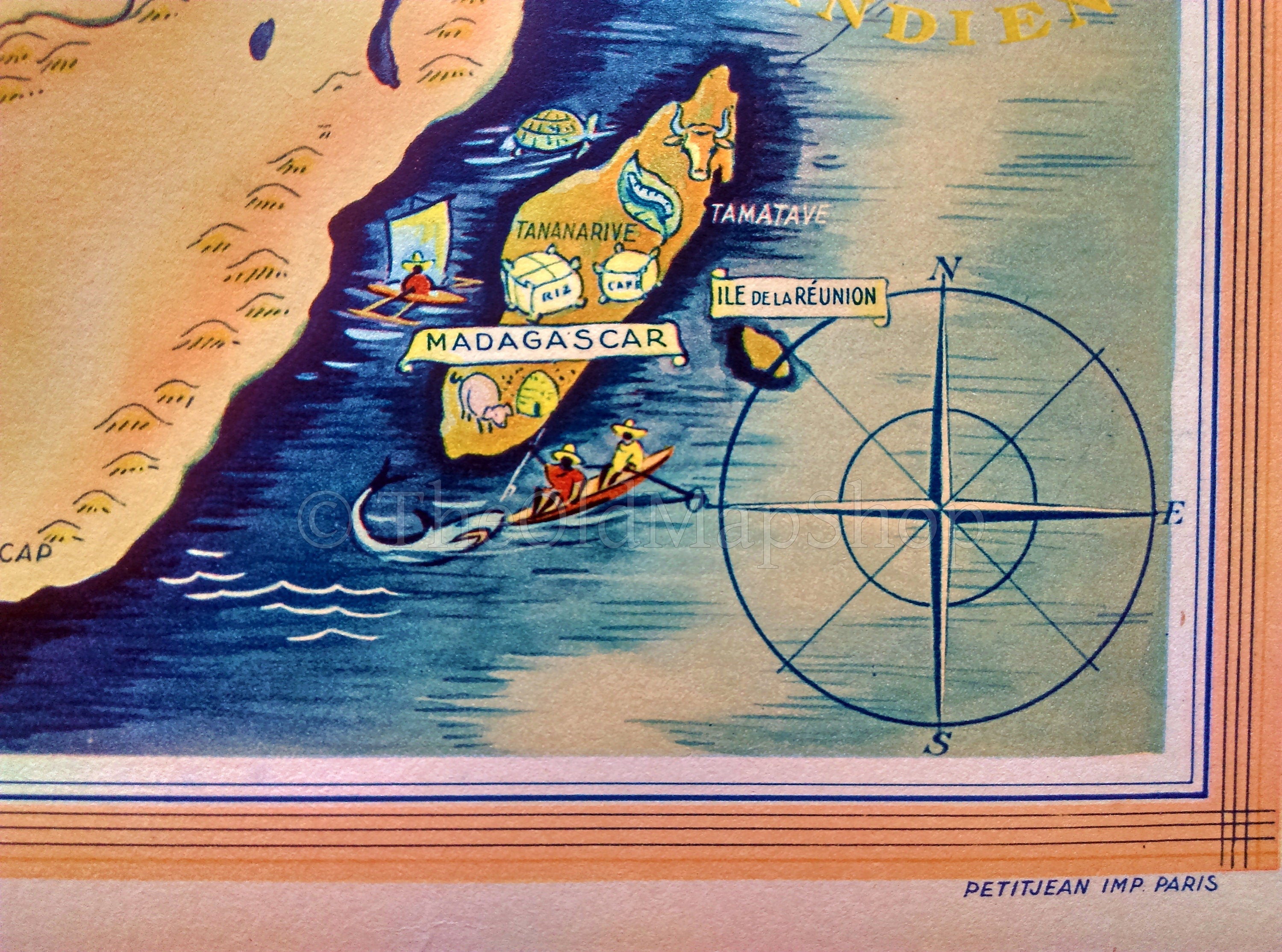 1939 Central Africa, Madagascar, Pictorial Map, Published in Paris by Neutroses-Vichy at Petit Jean. Congo, Gabon, Cameroon