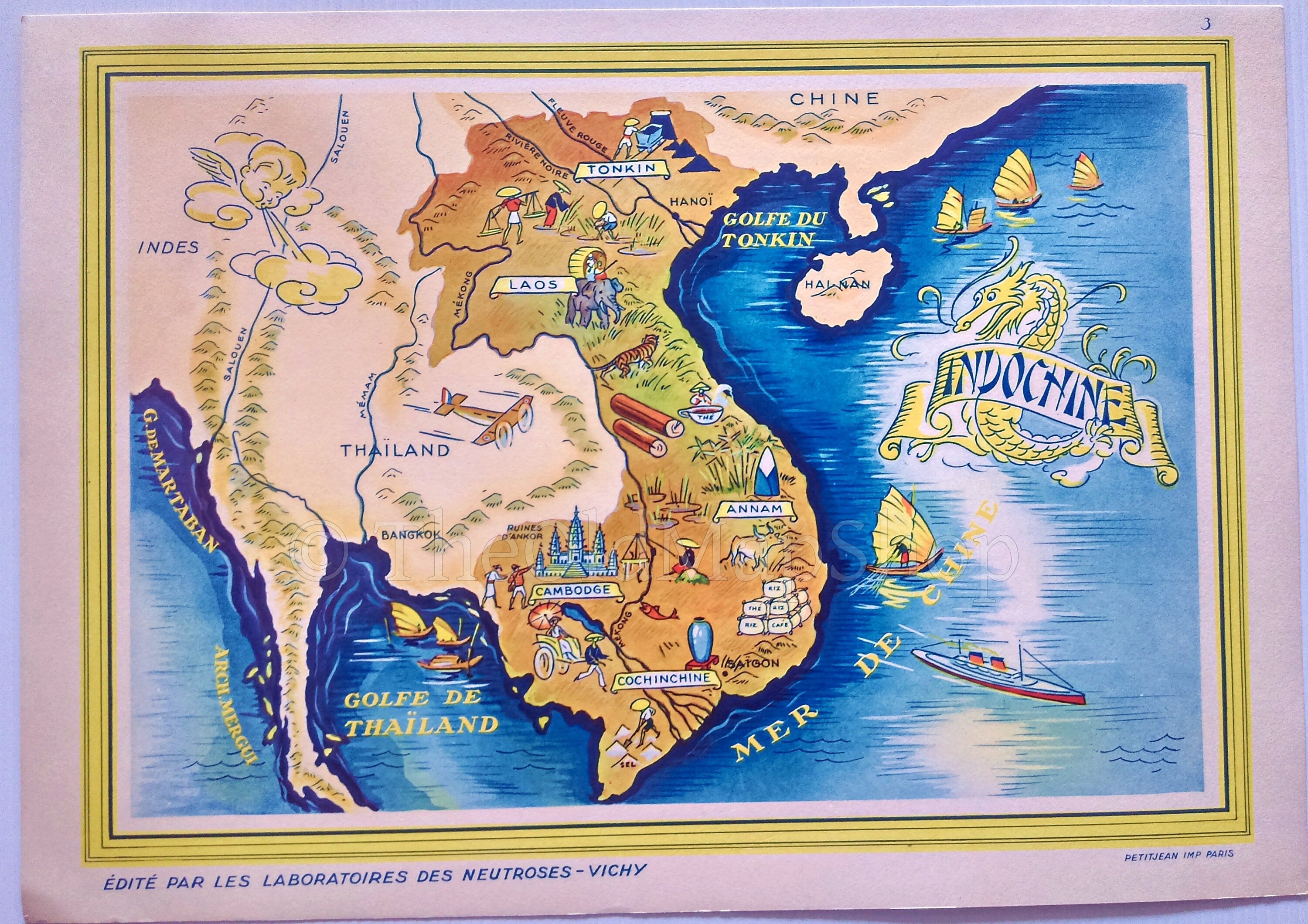 1939 Indochine, Southeast Asia, Pictorial Map, Published in Paris by Neutroses-Vichy at Petit Jean. Laos, Cambodia, Vietnam, Thailand.