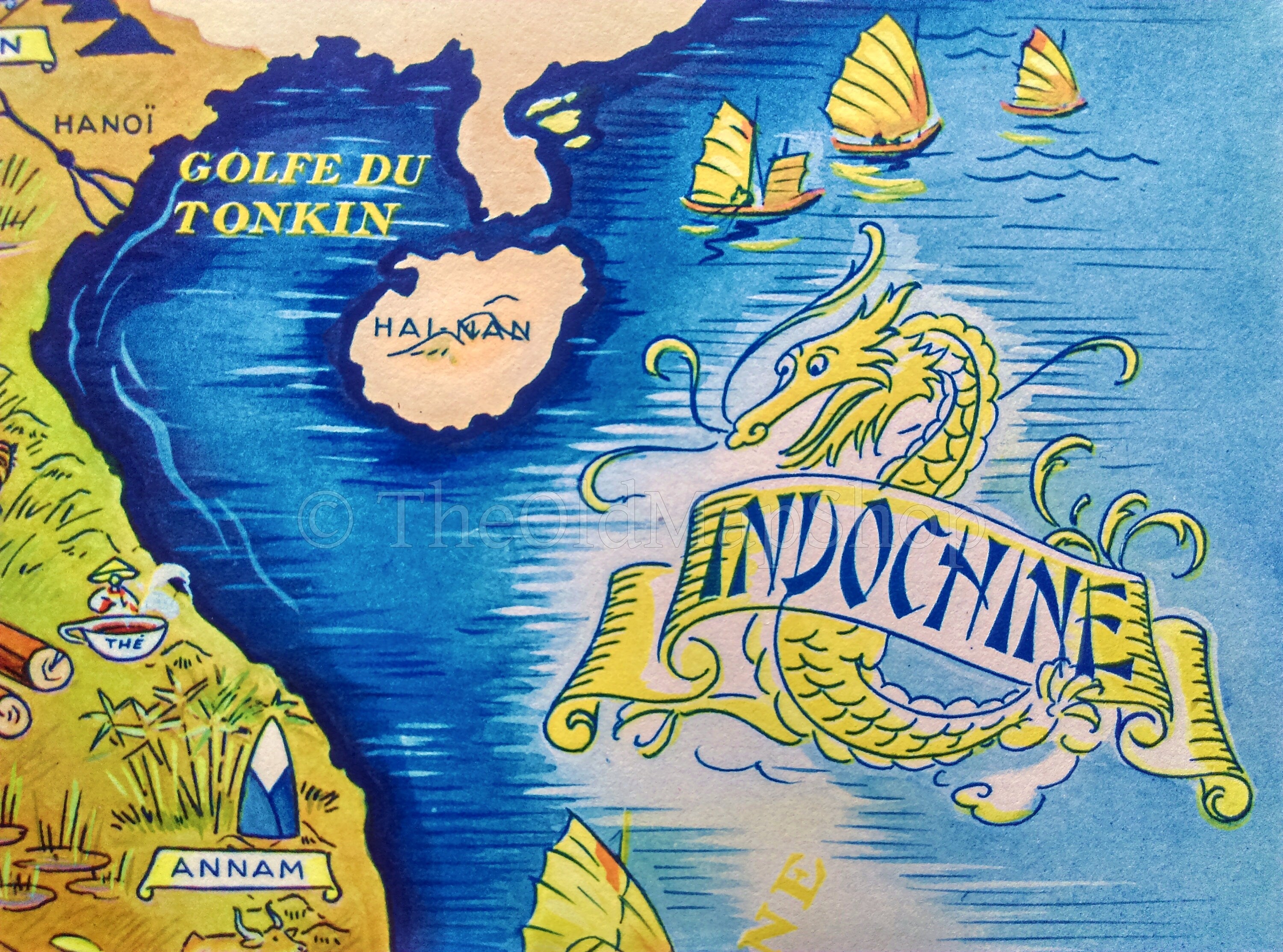 1939 Indochine, Southeast Asia, Pictorial Map, Published in Paris by Neutroses-Vichy at Petit Jean. Laos, Cambodia, Vietnam, Thailand.