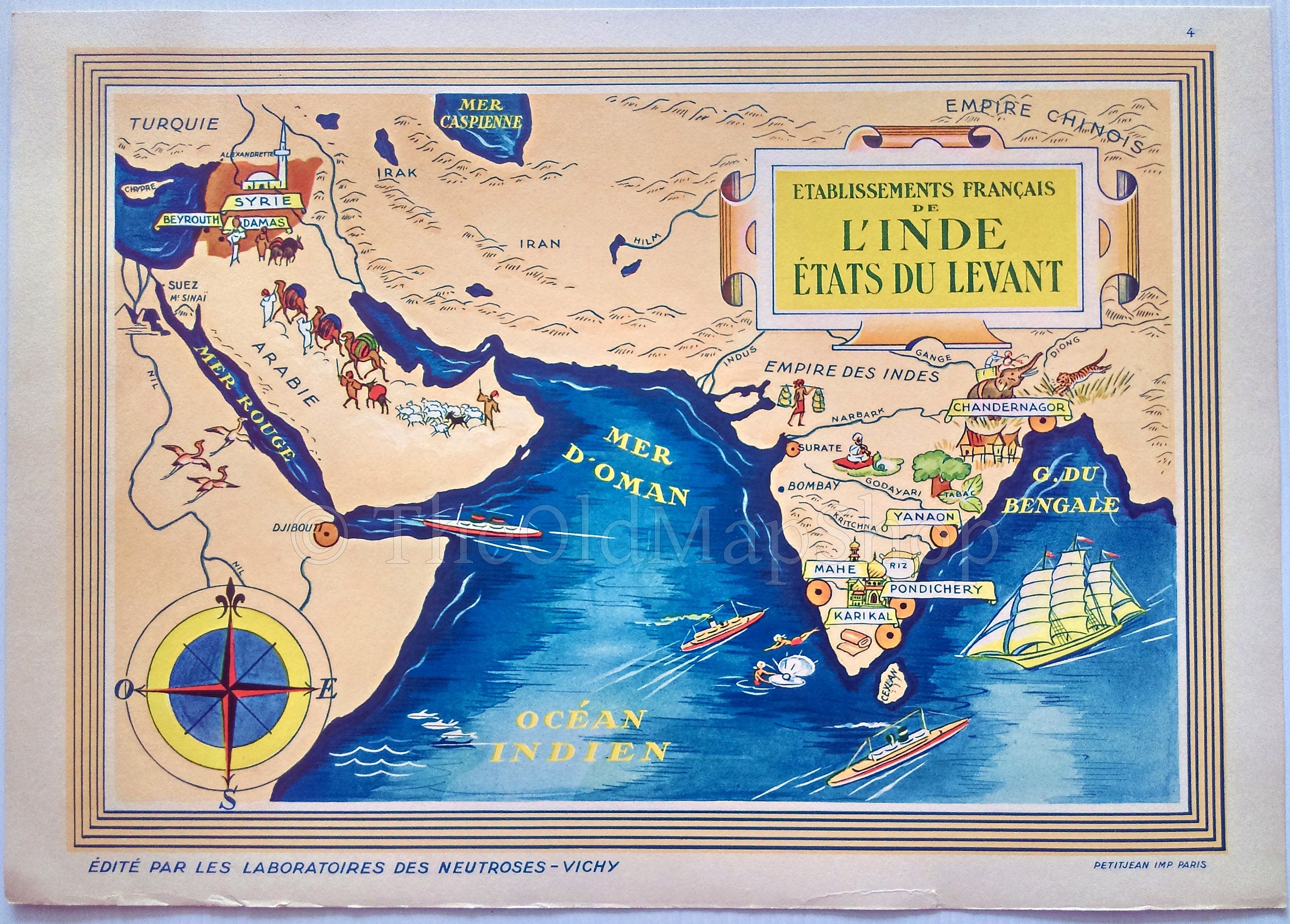 1939 India, Syria Pictorial Map, Published in Paris by Neutroses-Vichy at Petit Jean. Showing Pondichery, Chandernagor, Yanaon, Mahe Karikal