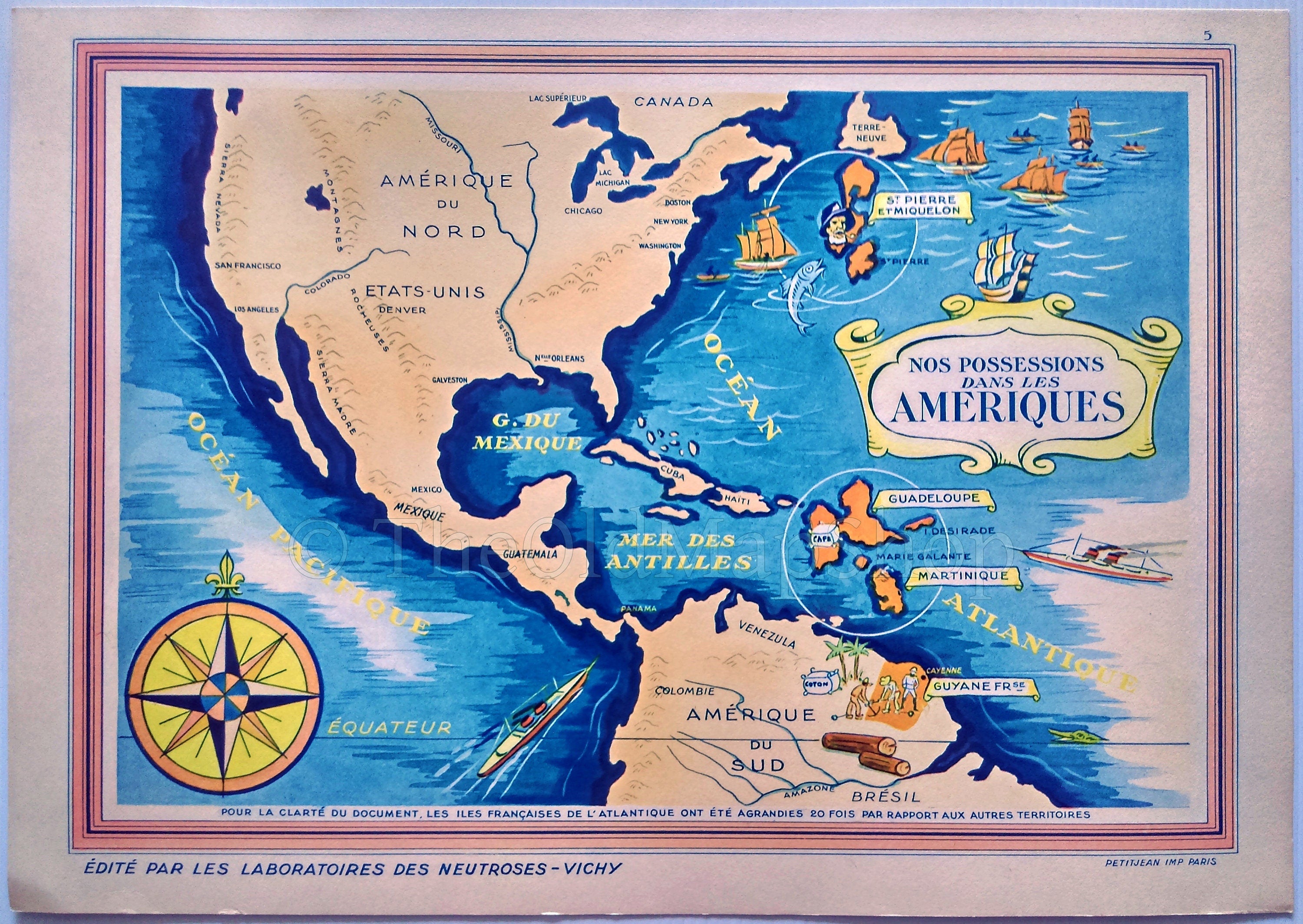 1939 North & South America, French Possessions, Pictorial Map, Published in Paris by Neutroses-Vichy at Petit Jean