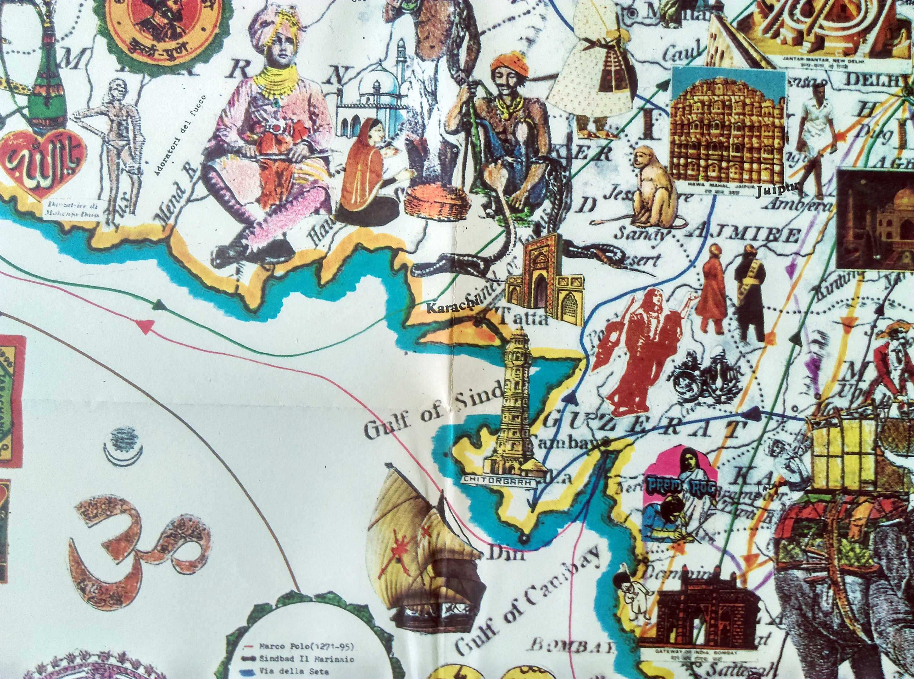 1986 Pictorial Map of India, Sri Lanka, Nepal, Pakistan, Tibet, Bhutan, Afghanistan, Bangladesh by Hugo Pratt. Poster Map