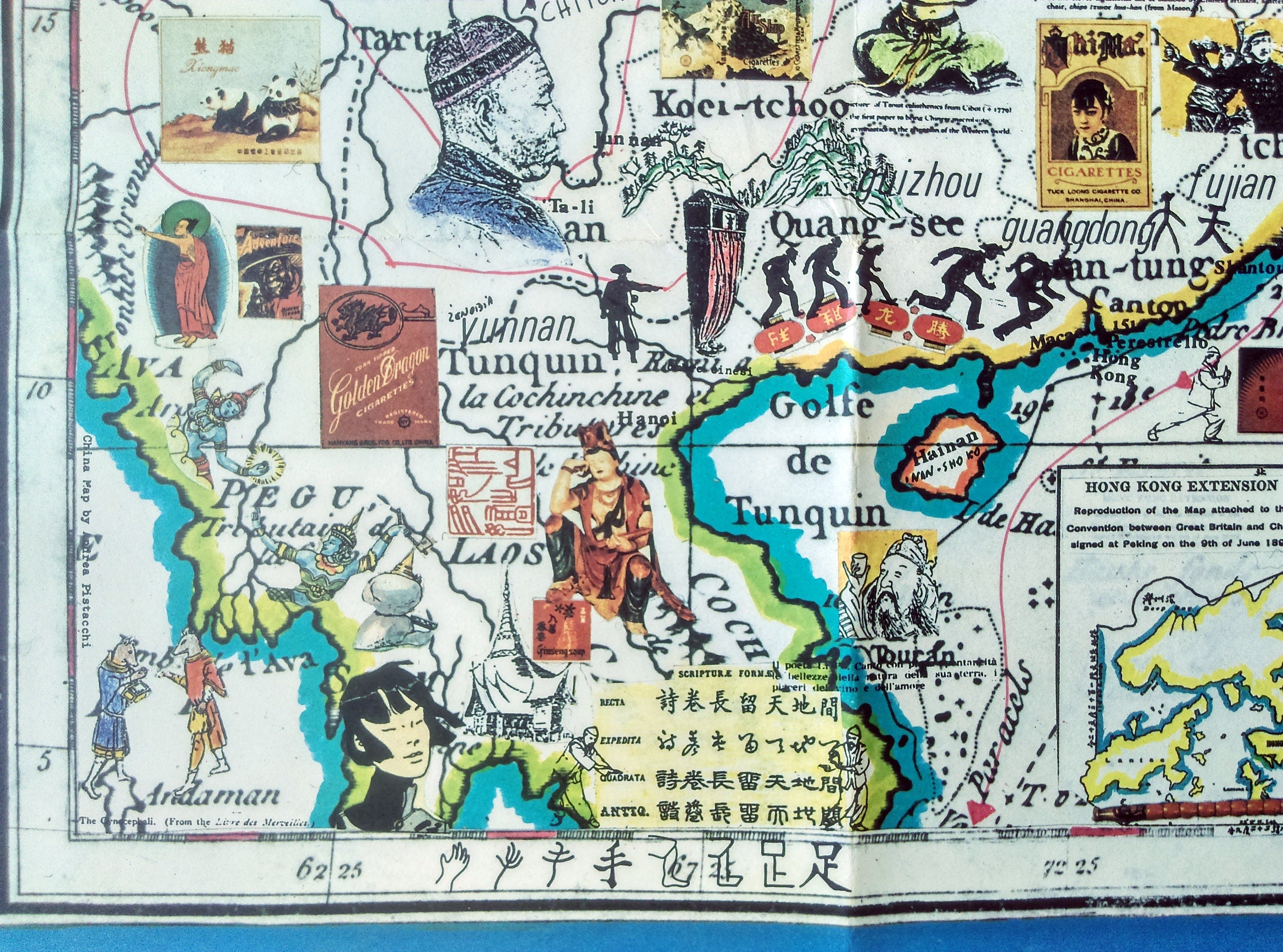 1986 Pictorial Map of China, Hong Kong, Taiwan, Japan, North Korea, South Korea, Mongolia, Beijing by Hugo Pratt. Poster Map