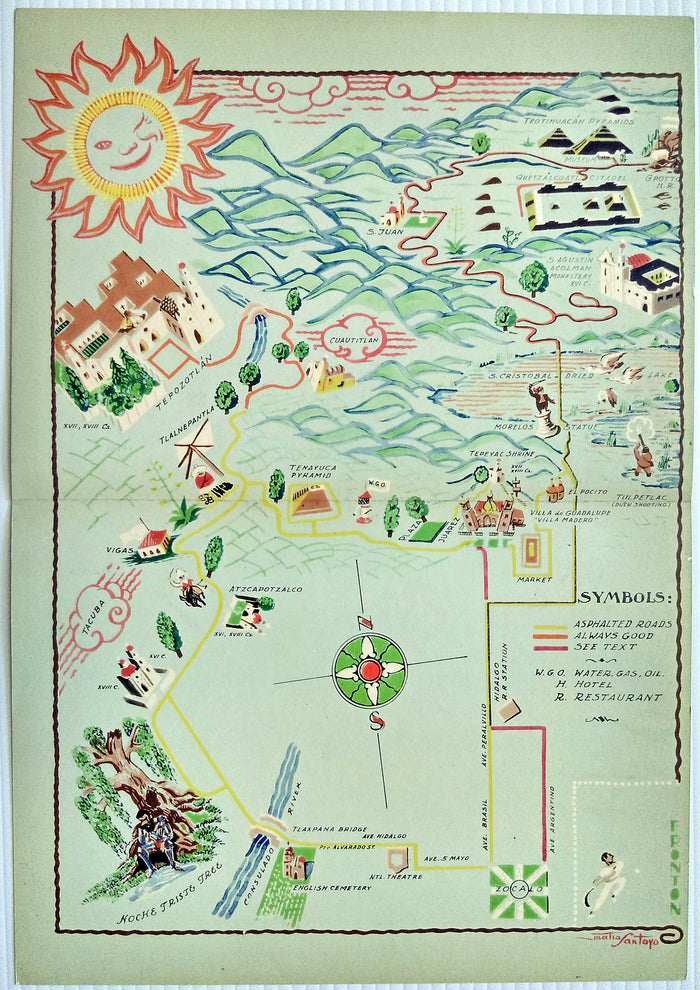 1935 Matias Santoyo, Tepotzotlan, Teotihuacan Pyramids, Cuautitlan, Mexico, Pictorial Map