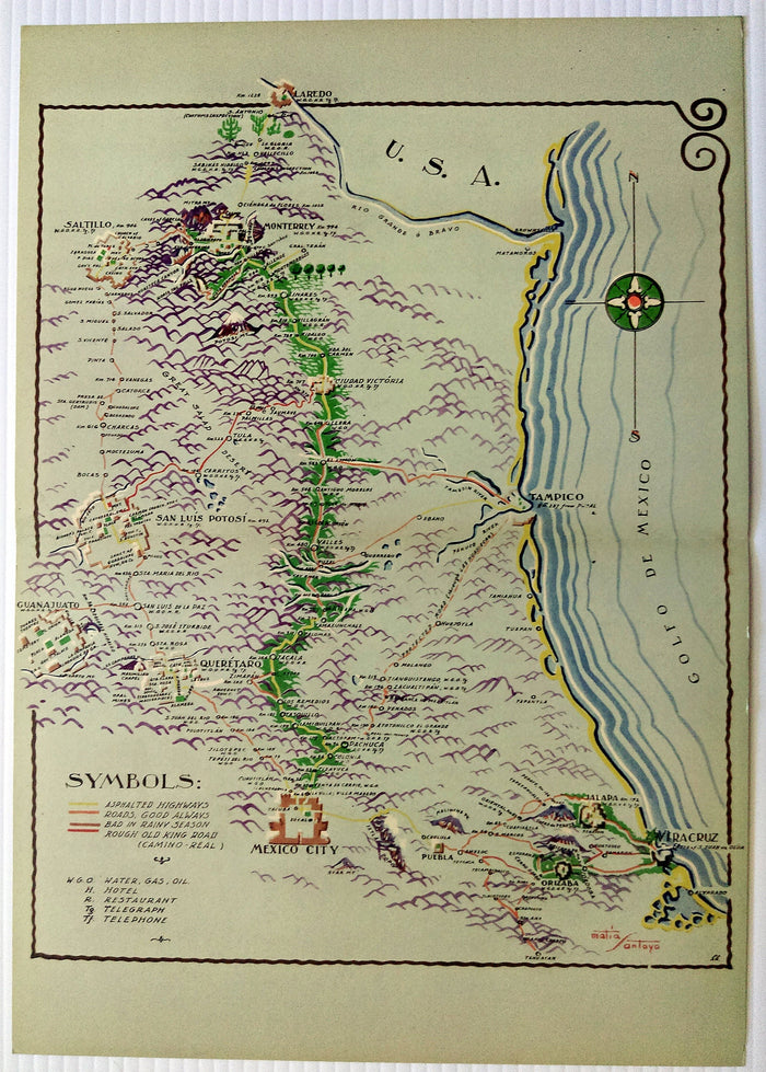 1935 Matias Santoyo, Mexico City, Heroica Veracruz, Tampico, Queretaro, Guanajuato, San Luis Potosi, Monterrey Saltillo Puebla Pictorial Map