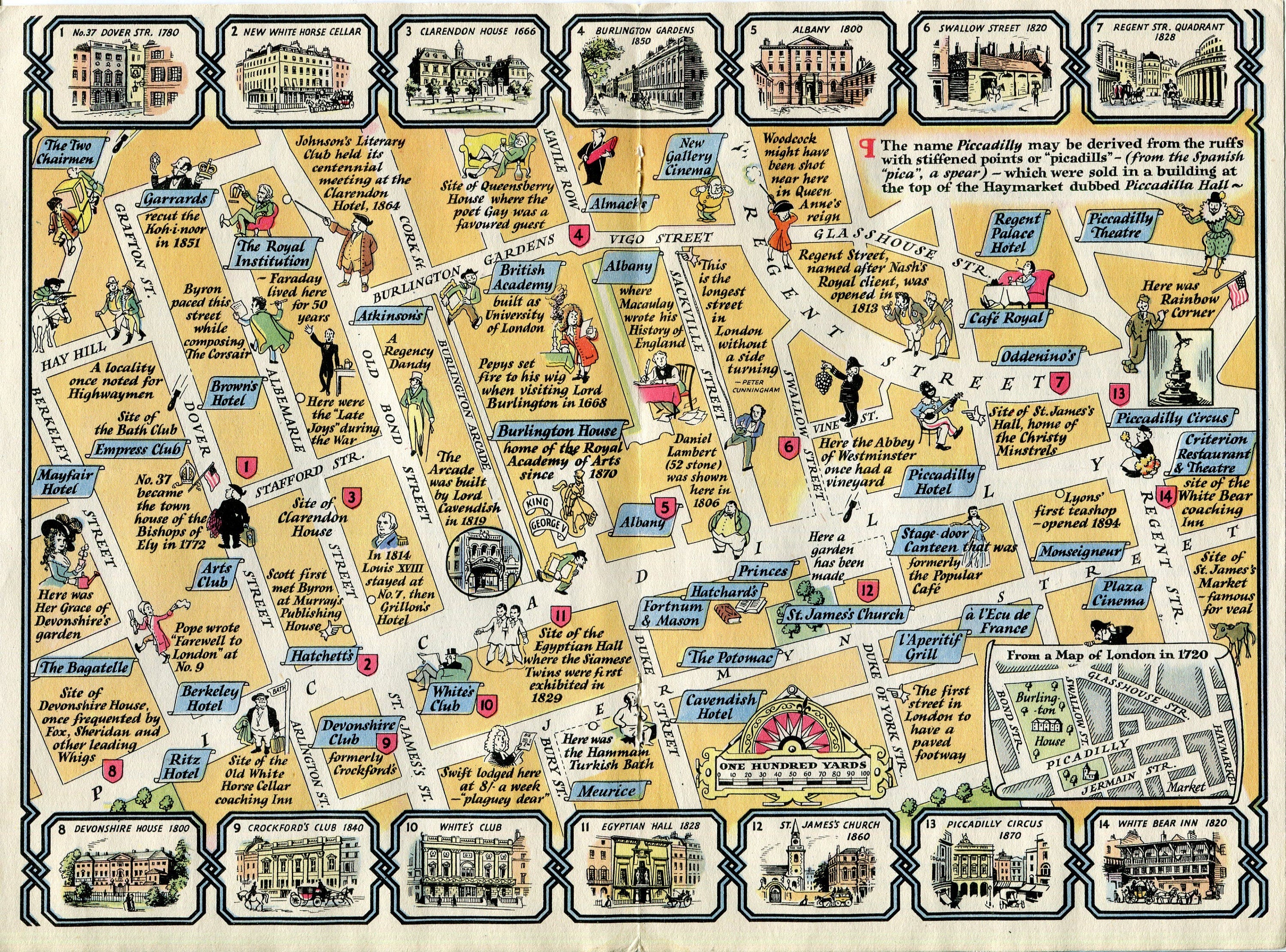 1946 A Map of Piccadilly, London. A Pictorial Map by J. P. Sayer