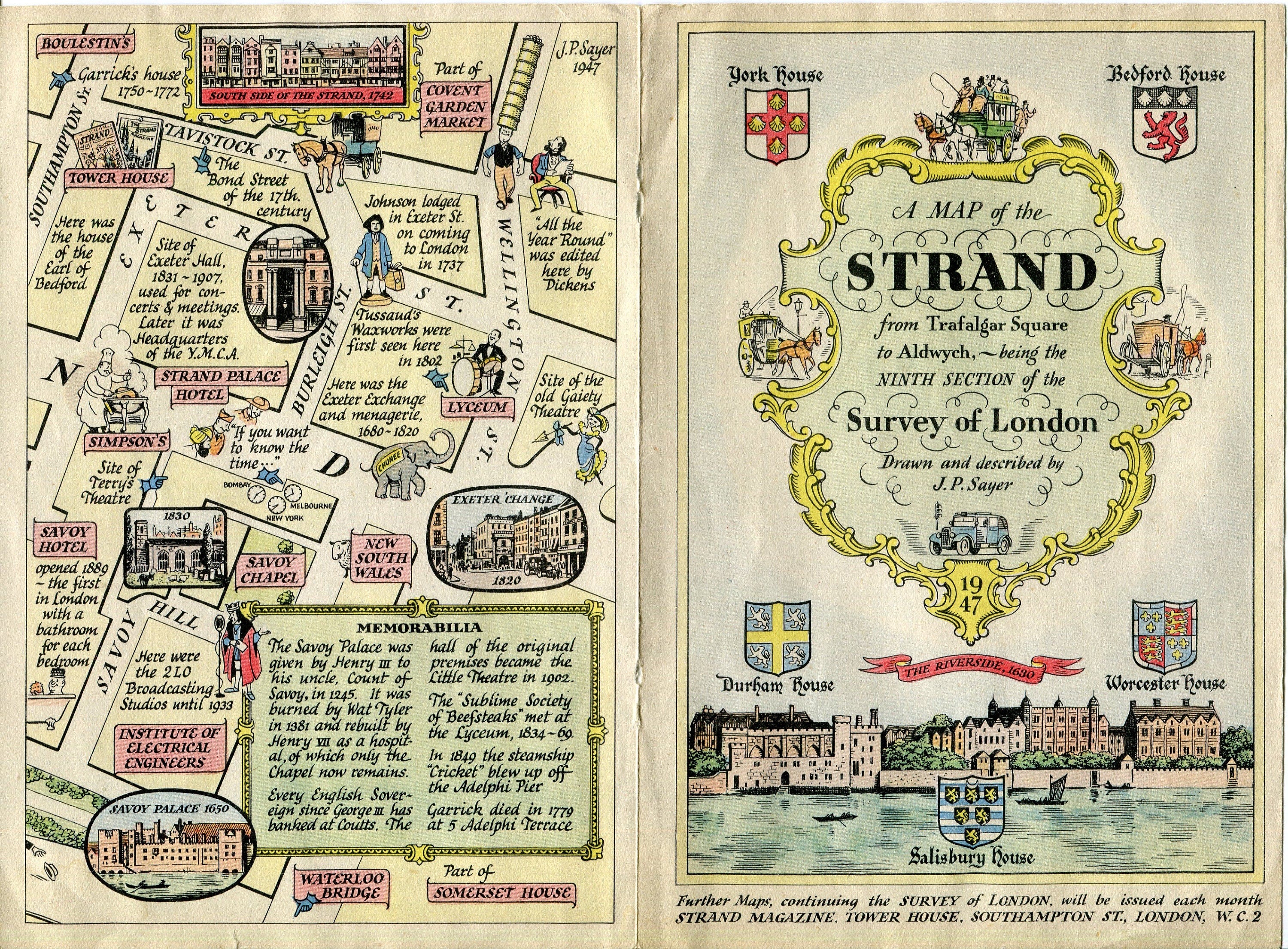 1947 A Map of the Strand, Trafalgar Square to Aldwych, London. A Pictorial Map by J. P. Sayer