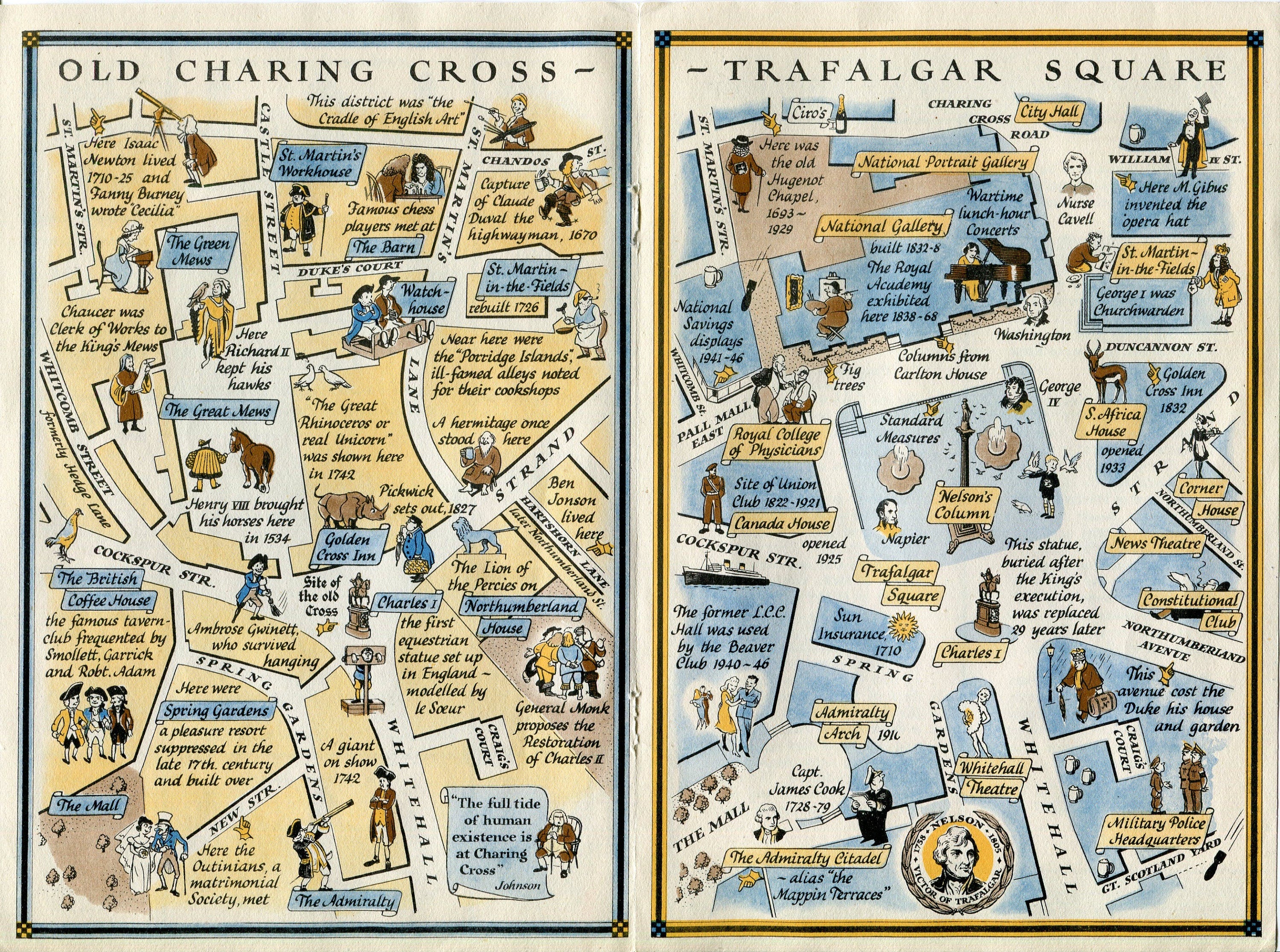 1947 A Map of Charing Cross & Trafalgar Square, London. A Pictorial Map by J. P. Sayer