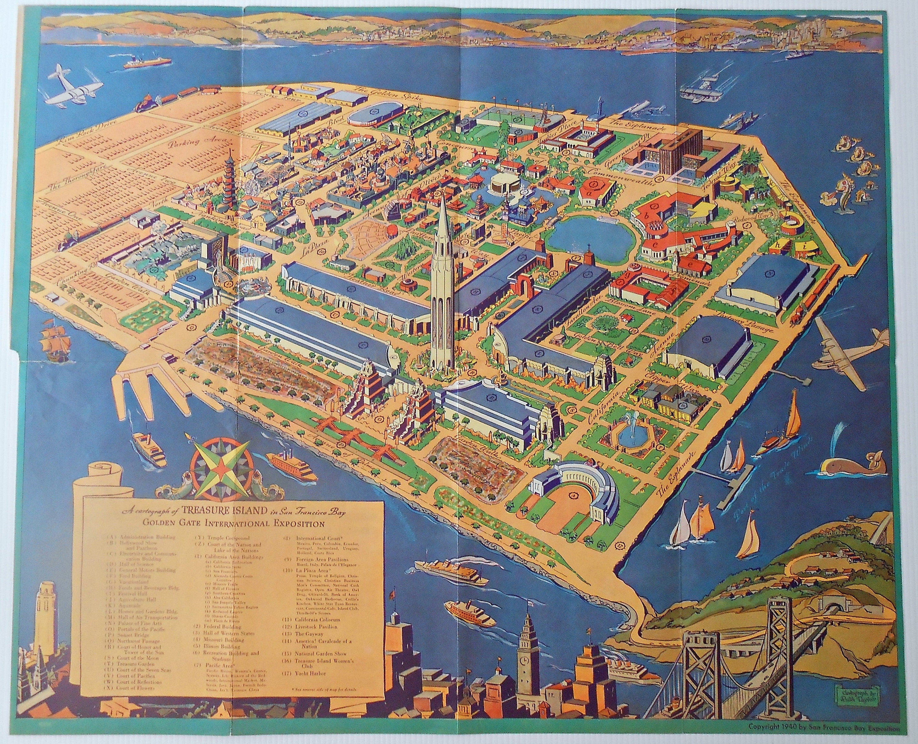 1940 Pictorial Map by Ruth Taylor, Treasure Island, San Francisco Bay, Golden Gate Bridge, International Exposition