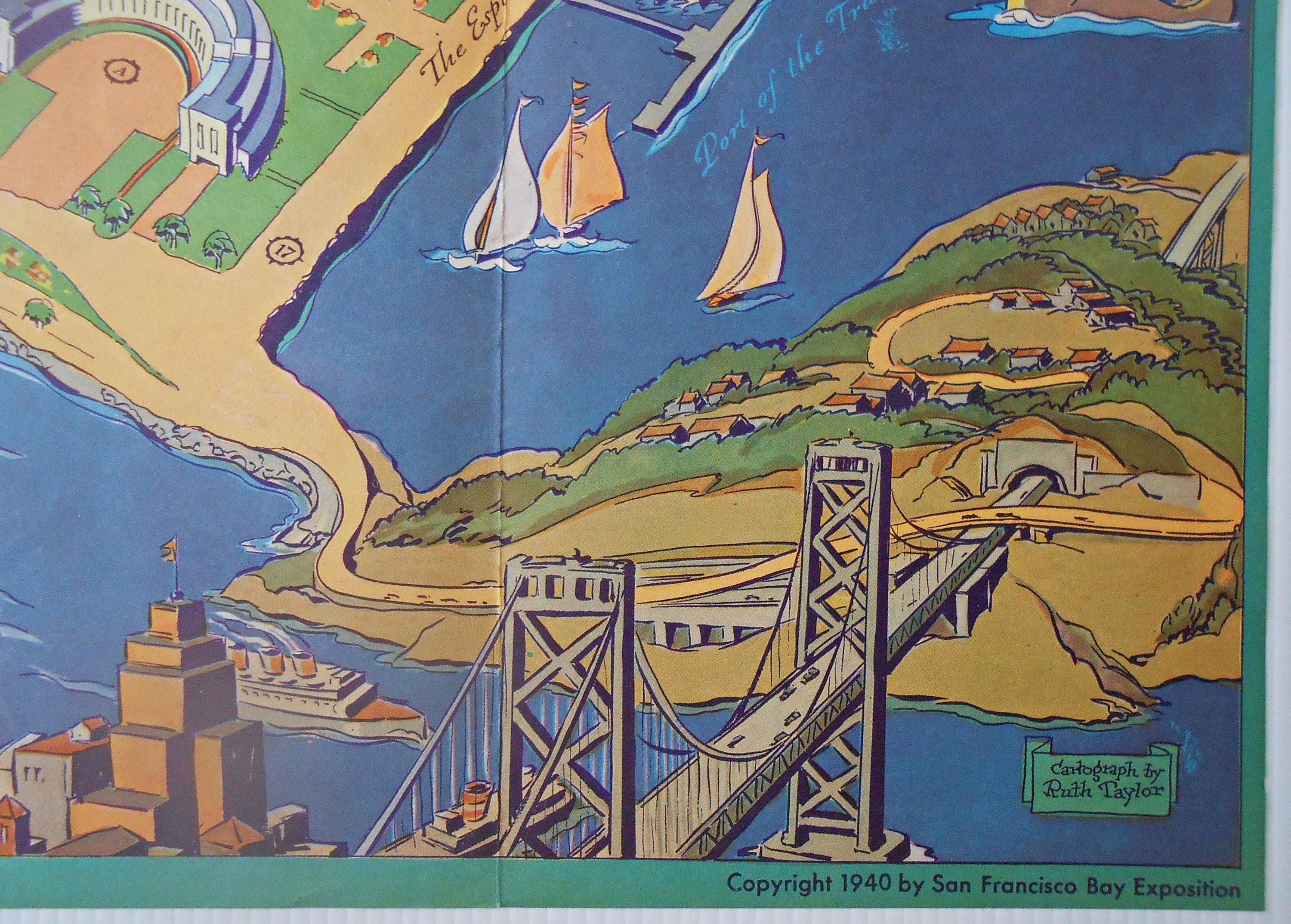 1940 Pictorial Map by Ruth Taylor, Treasure Island, San Francisco Bay, Golden Gate Bridge, International Exposition