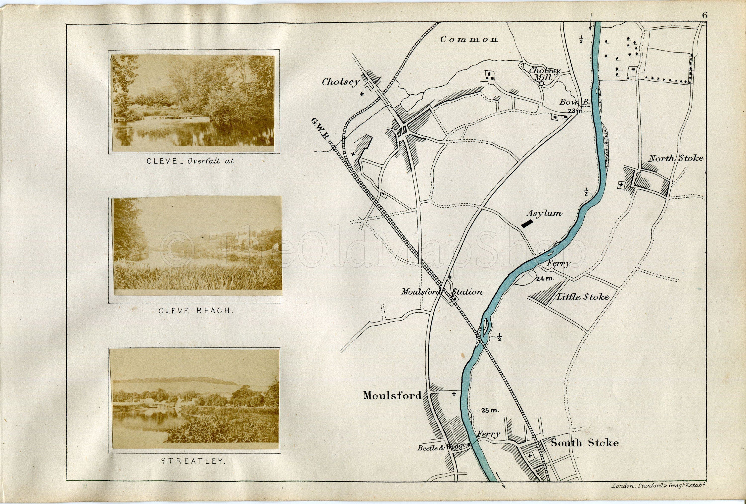 1873 Henry Taunt Antique Map, The River Thames, Cholsey, North Stoke, Little Stoke, Moulsford, South Stoke, Oxfordshire