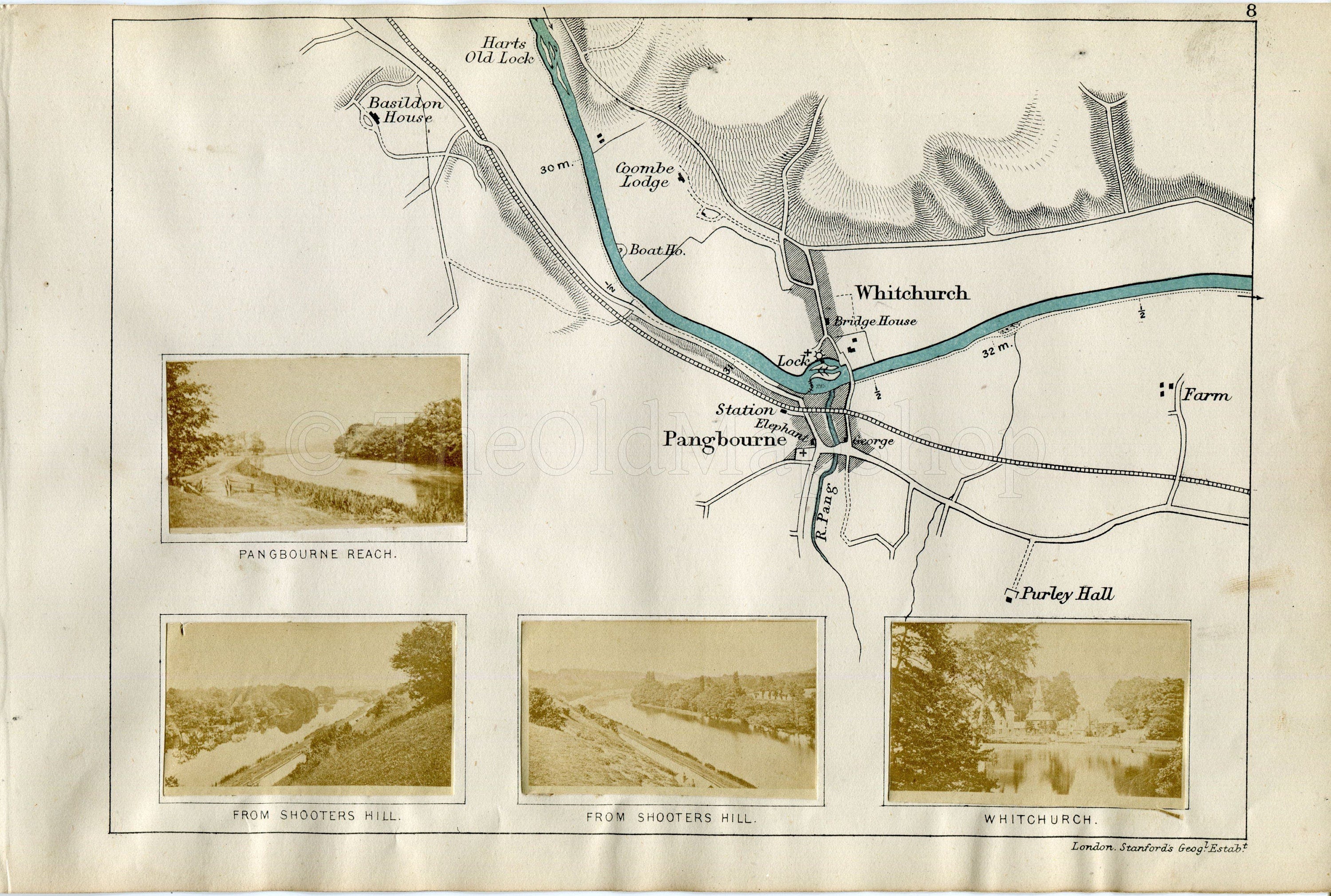 1873 Henry Taunt Antique Map, The River Thames, Basildon, Hartslock, Whitchurch-on-Thames, Pangbourne, Purley Hall, Oxfordshire, Berkshire