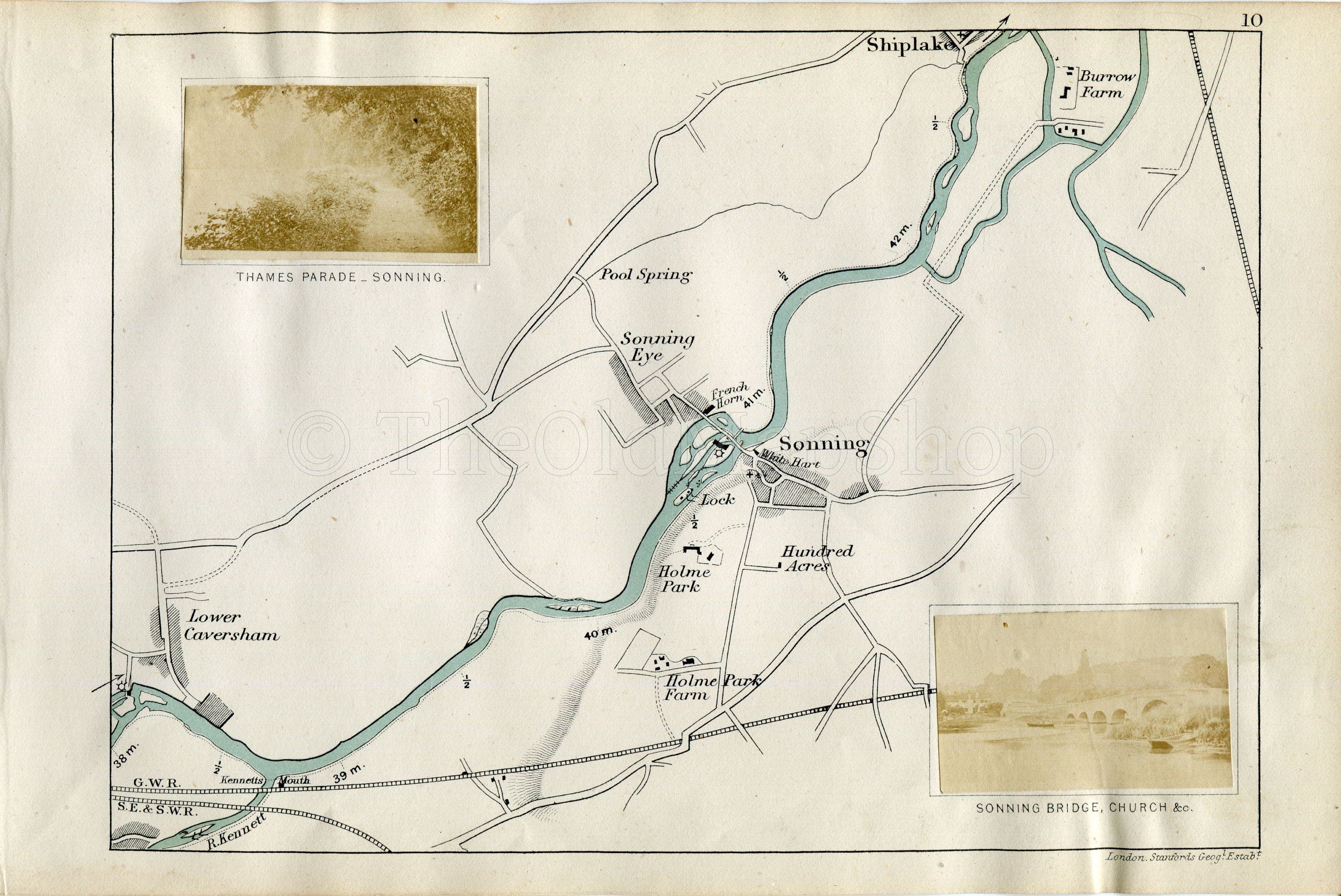 1873 Henry Taunt Antique Map, The River Thames, Lower Caversham, Sonning Eye, Sonning, Shiplake, Oxfordshire, Berkshire