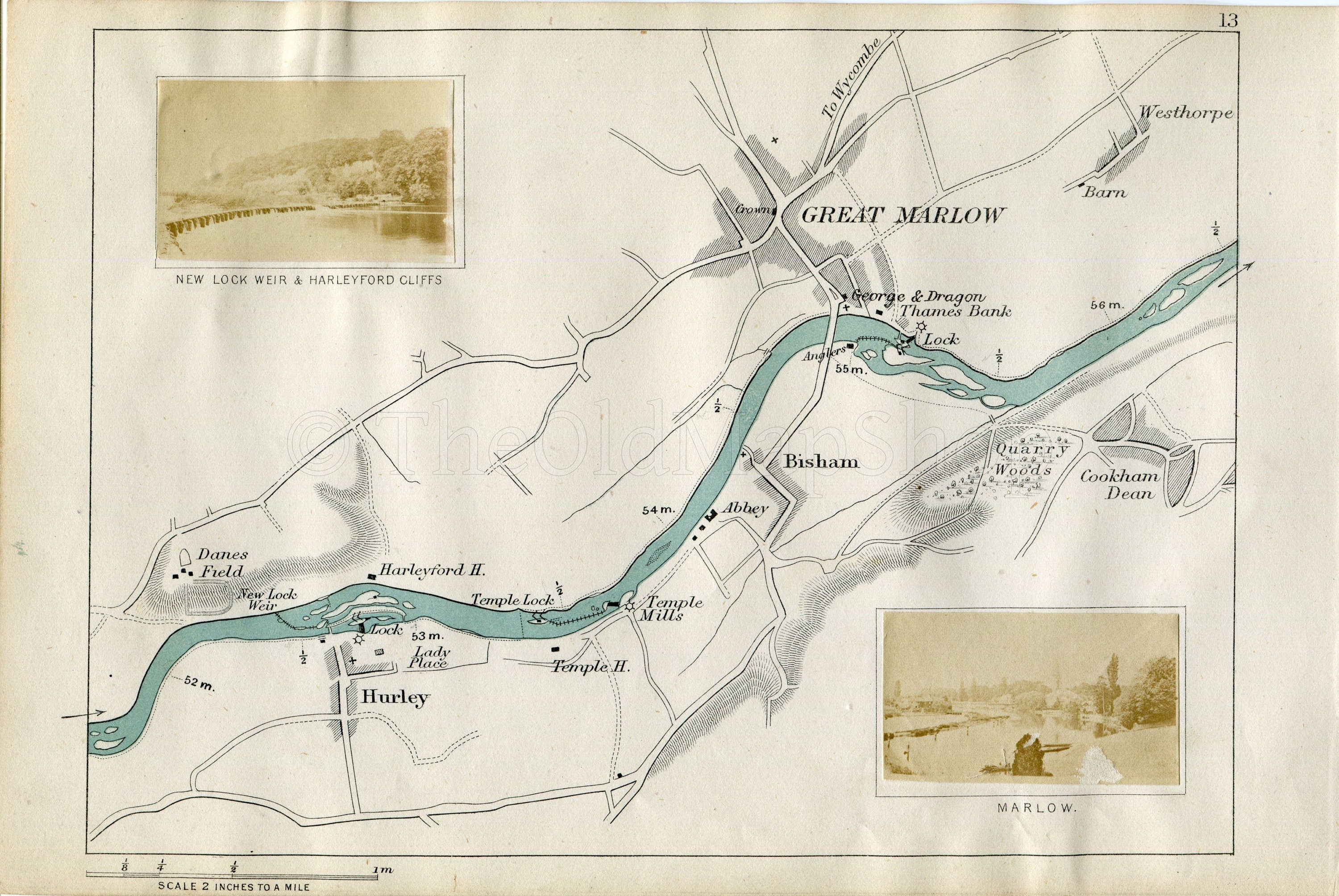 1873 Henry Taunt Antique Map, The River Thames, Hurely, Harleyford, Bisham, Marlow, Cookham Dean, Westhorpe, Buckinghamshire