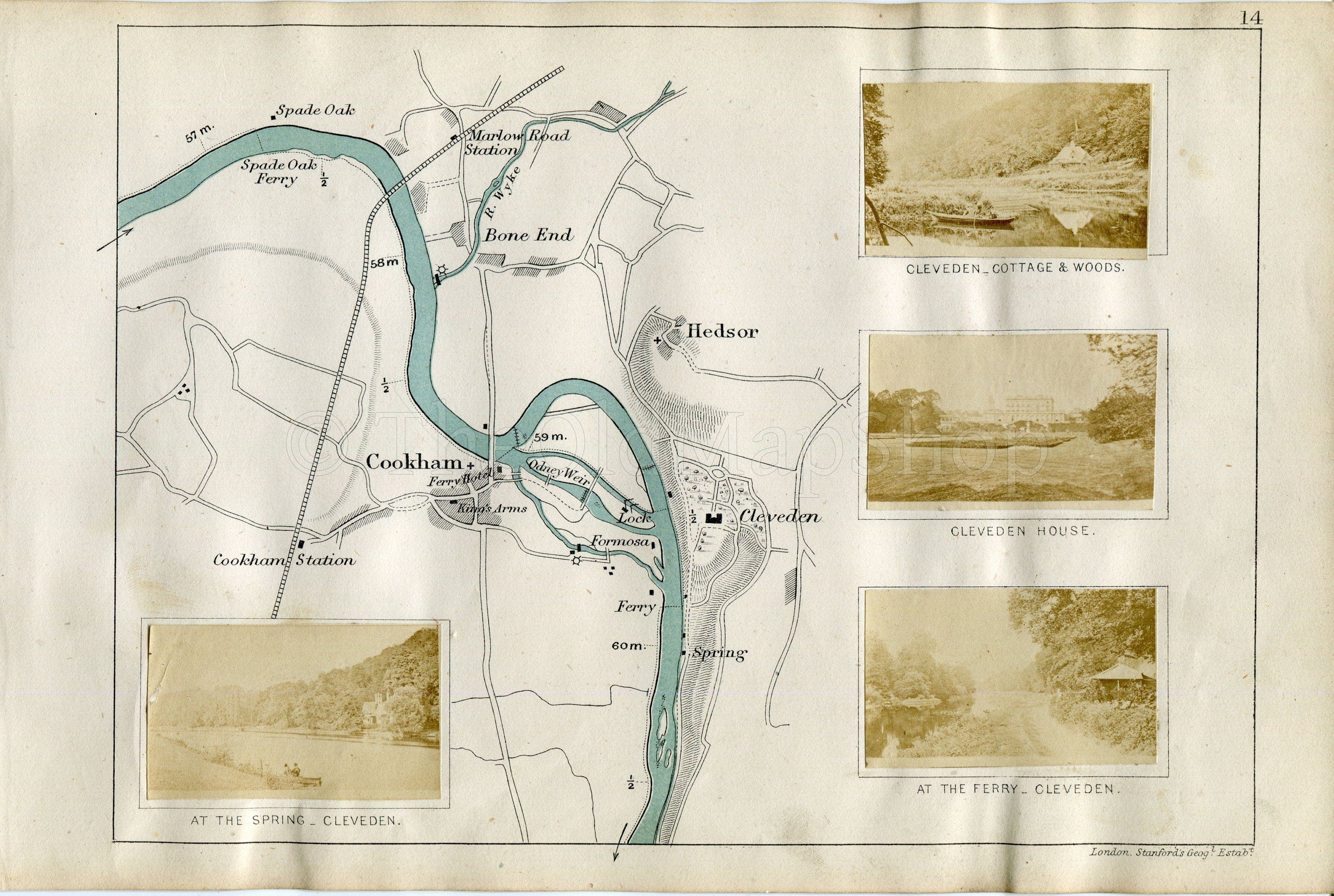 1873 Henry Taunt Antique Map, The River Thames, Bourne End, Cookham, Hedsor, Cliveden House, Berkshire, Buckinghamshire