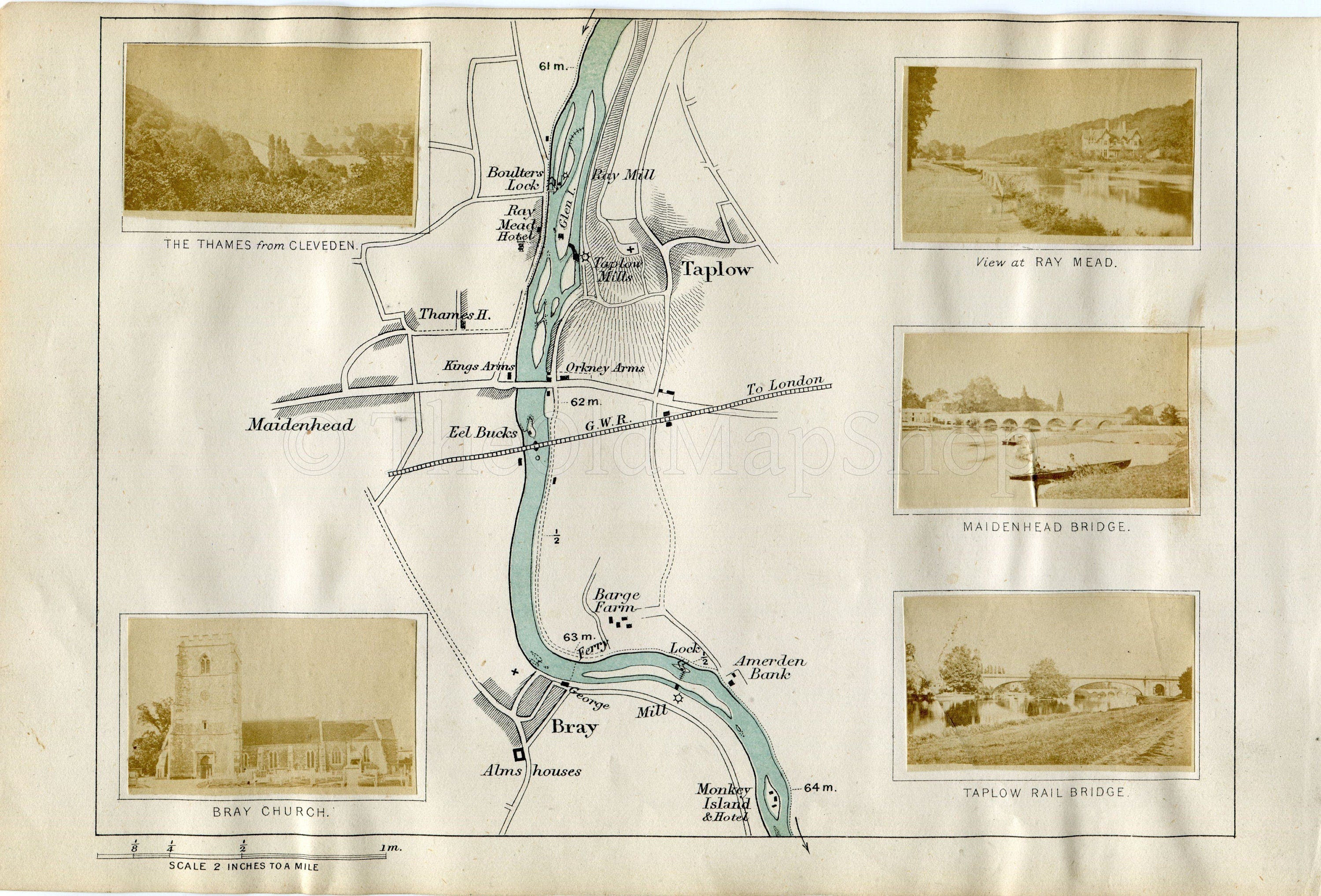 1873 Henry Taunt Antique Map, The River Thames, Boulters Lock, Taplow, Maidenhead, Bray, Monkey Island, Berkshire, Buckinghamshire