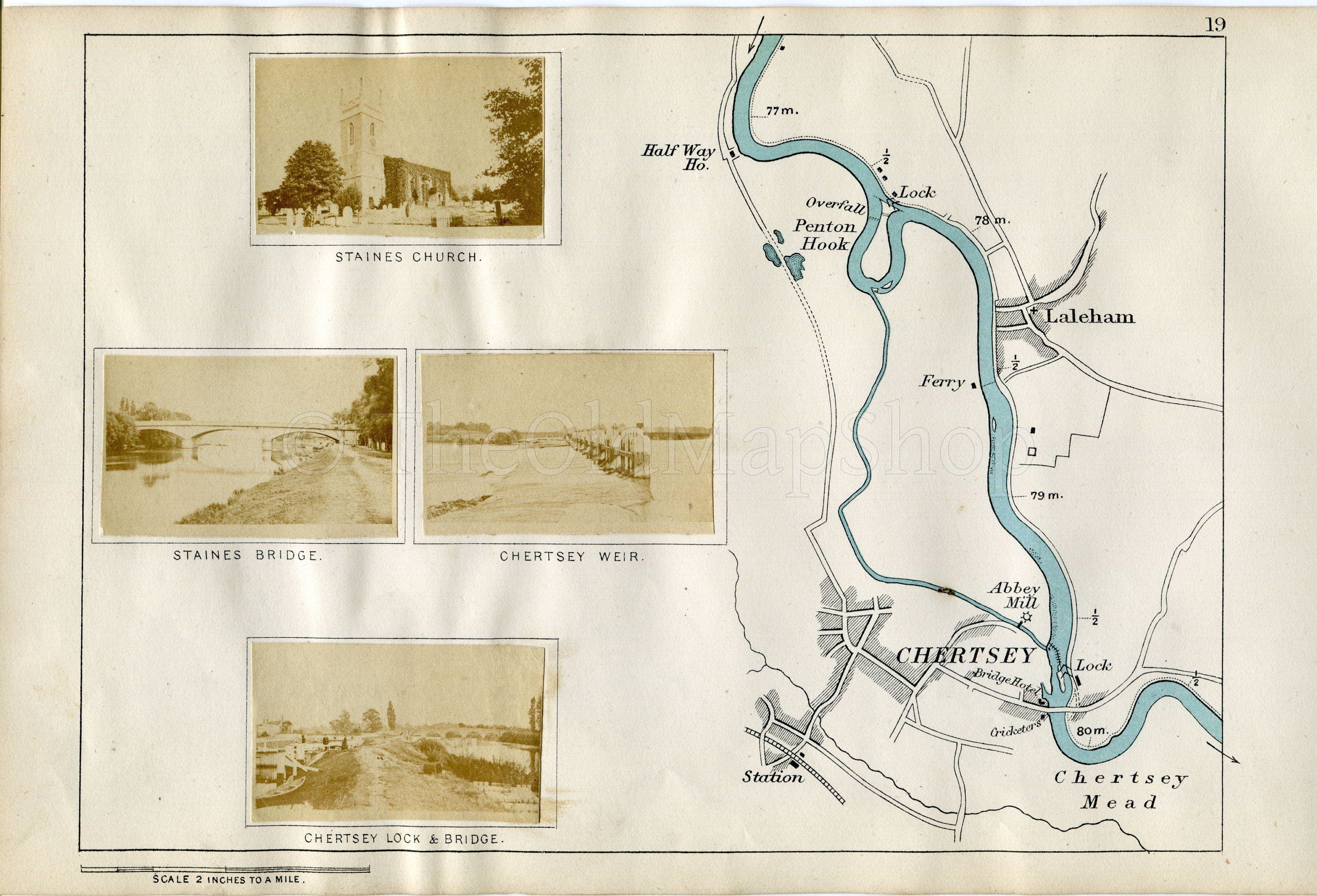 1873 Henry Taunt Antique Map, The River Thames, Laleham, Chertsey, Surrey