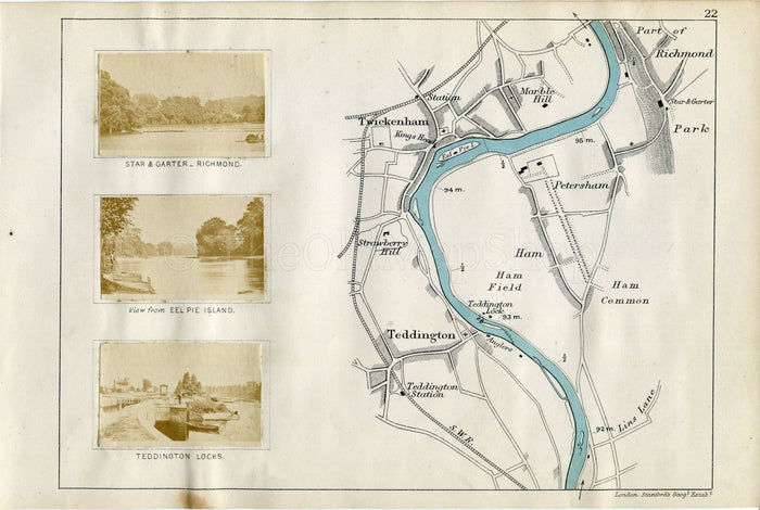 1873 Henry Taunt Antique Map, The River Thames, Teddington, Twickenham, Richmond, Petersham, Ham Common, Greater London
