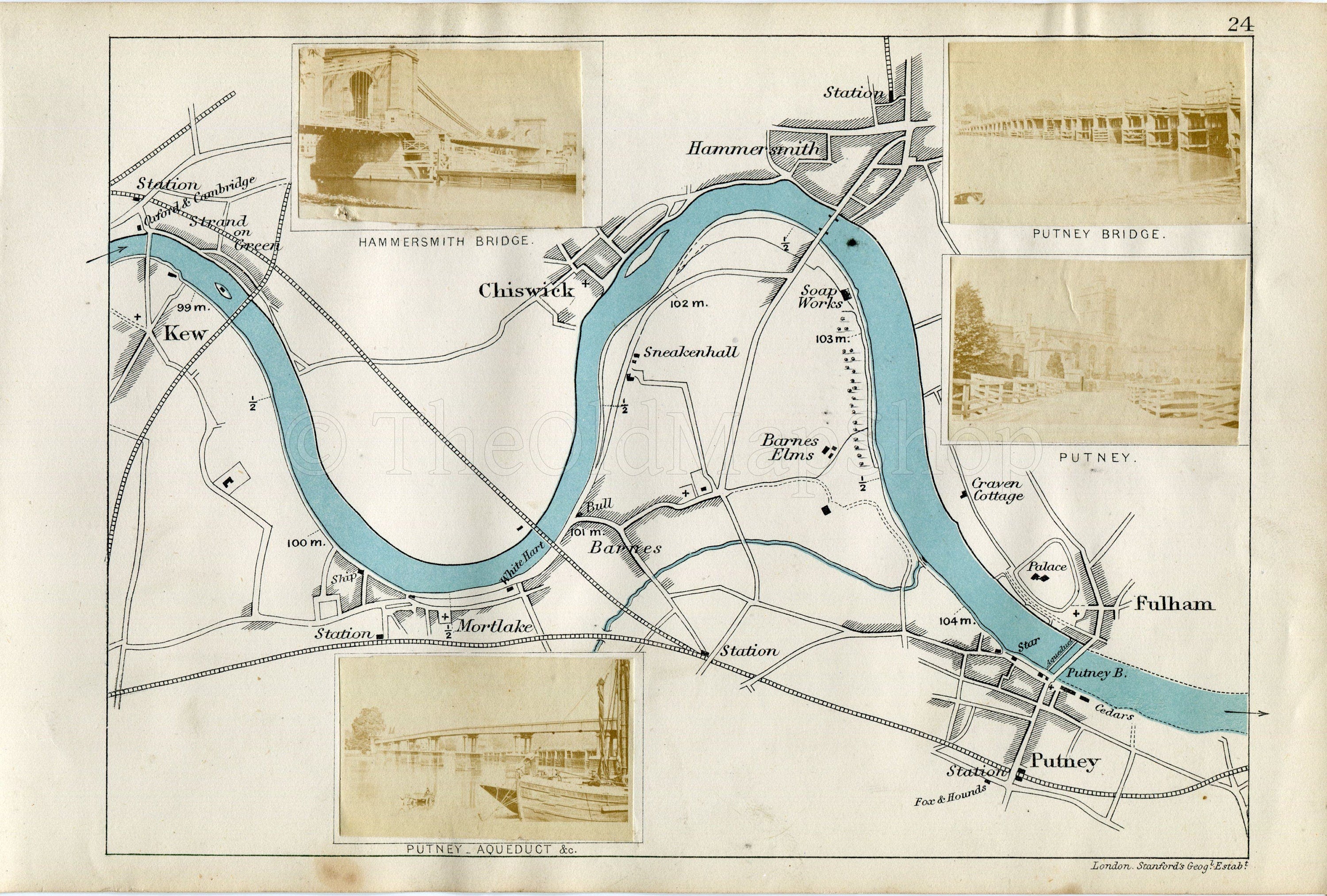 1873 Henry Taunt Antique Map, The River Thames, Oxford and Cambridge Boat Race Course Kew Mortlake Chicwick Putney Fulham Hammersmith London