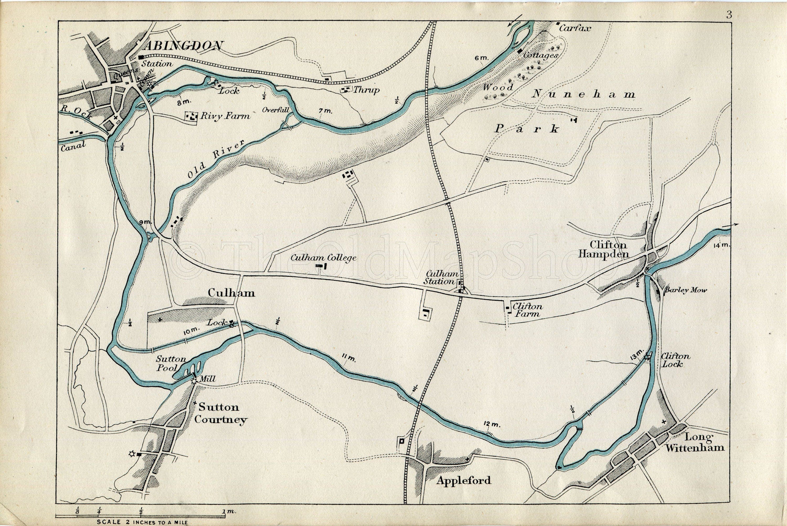 1873 Henry Taunt Antique Map, The River Thames, Abingdon, Culham, Sutton Courtenay, Appleford, Lond Wittenham, Clifton Hampden, Oxfordshire