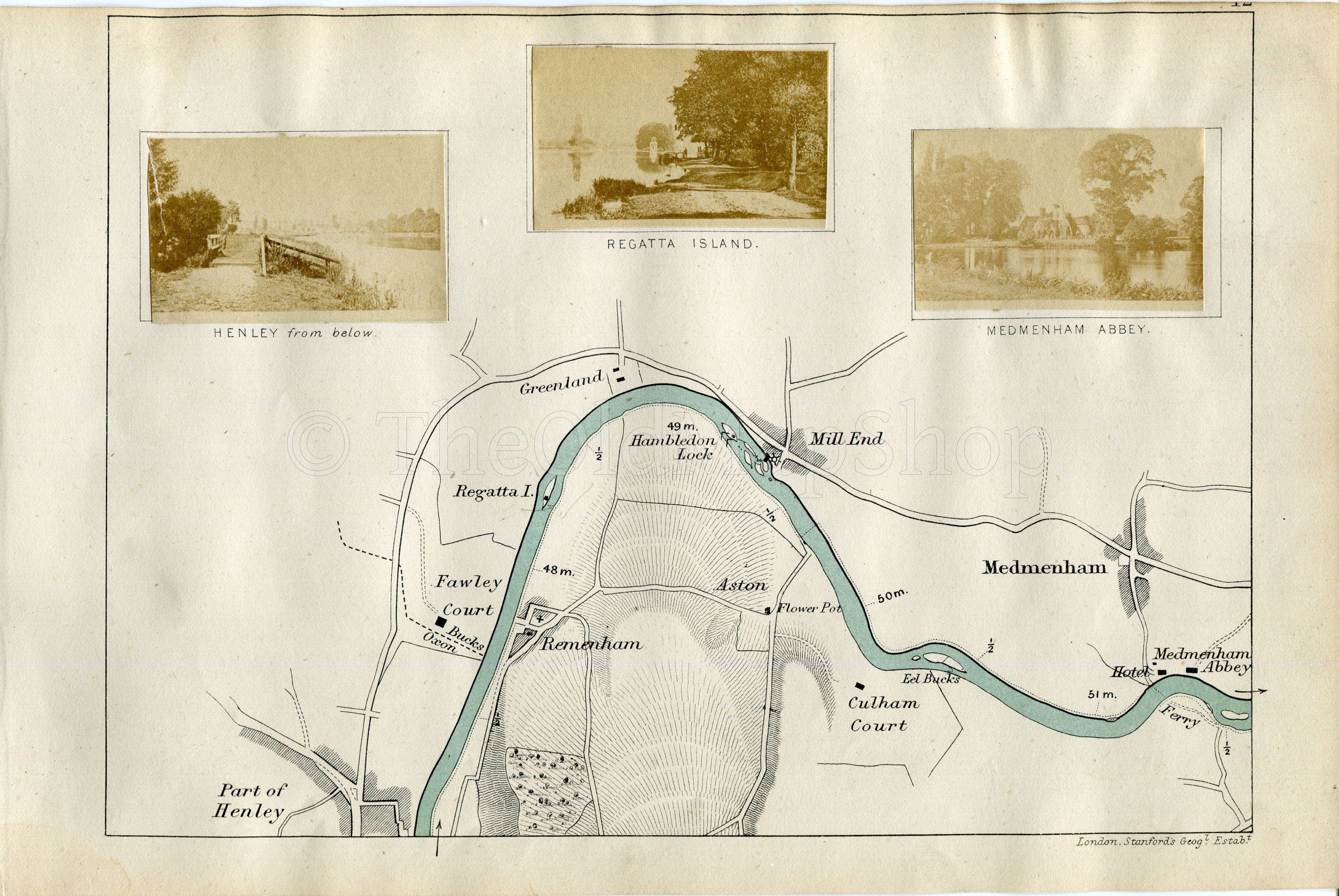 1873 Henry Taunt Antique Map, The River Thames, Henley-on-Thames, Remenham, Aston, Greenlands, Mill End, Hambleden Lock, Medmenham