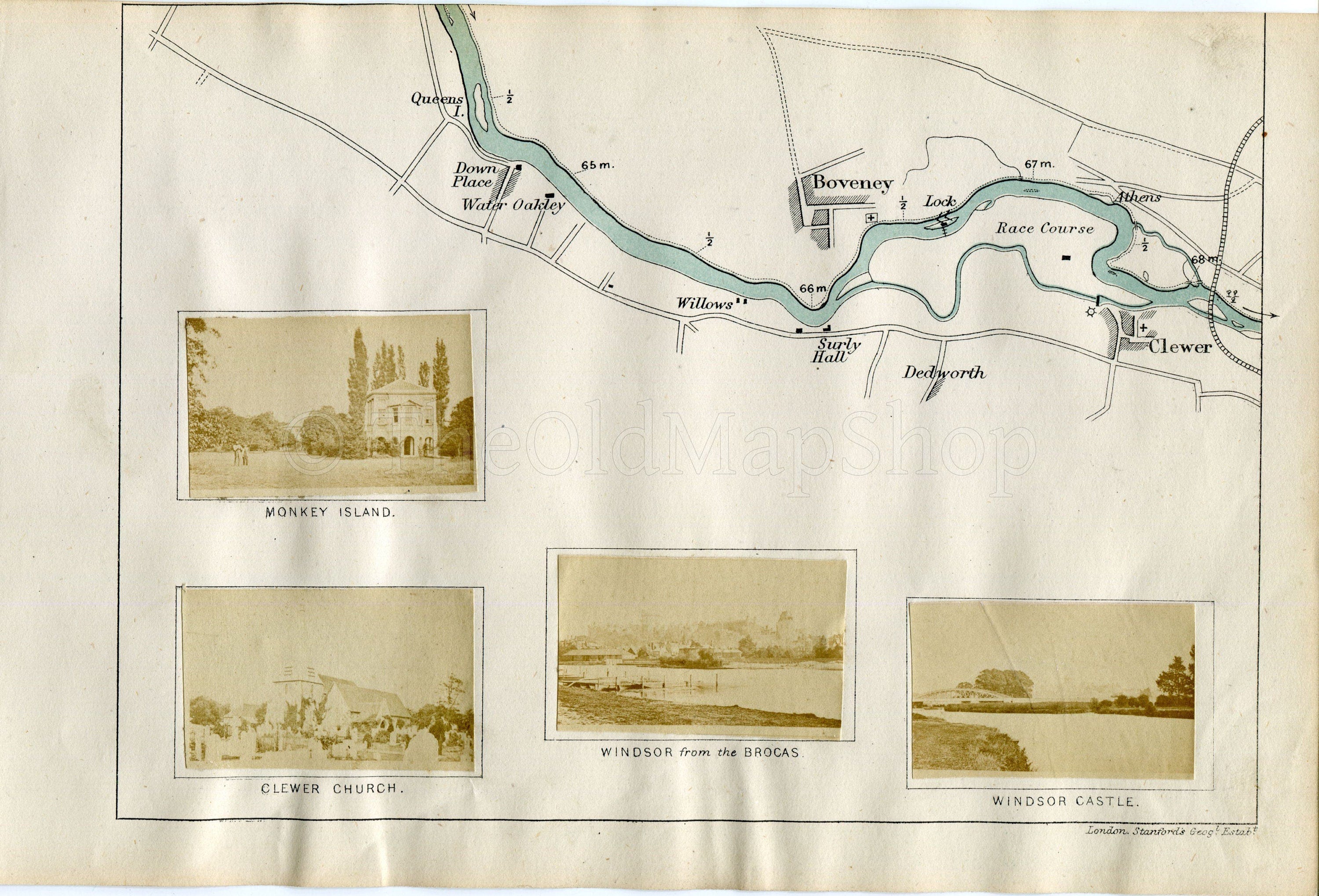 1873 Henry Taunt Antique Map, The River Thames, Water Oakley, Boveney, Dedworth, Windsor Racecourse, Clewer, Buckinghamshire, Berkshire
